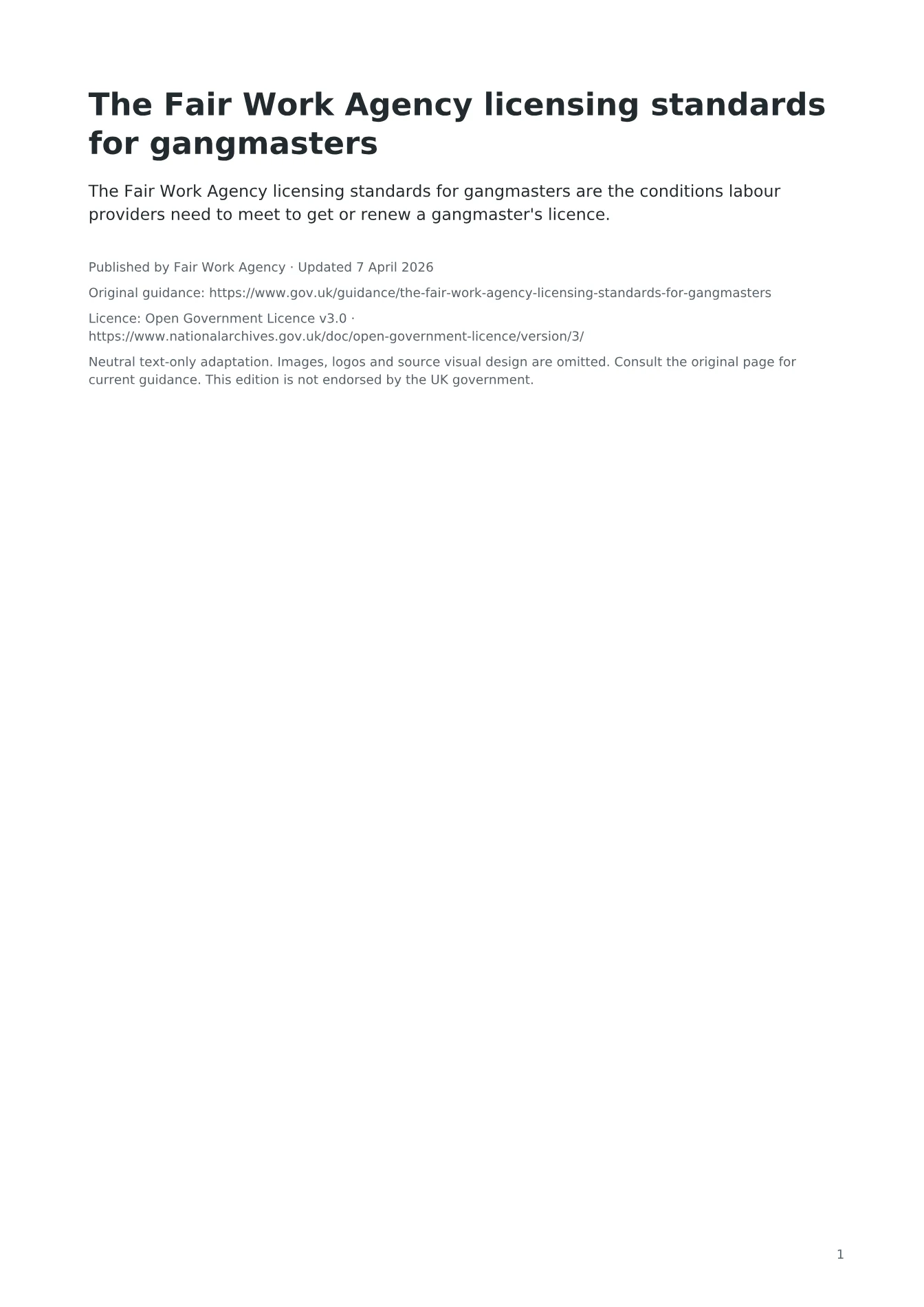 Cover of The Fair Work Agency licensing standards for gangmasters