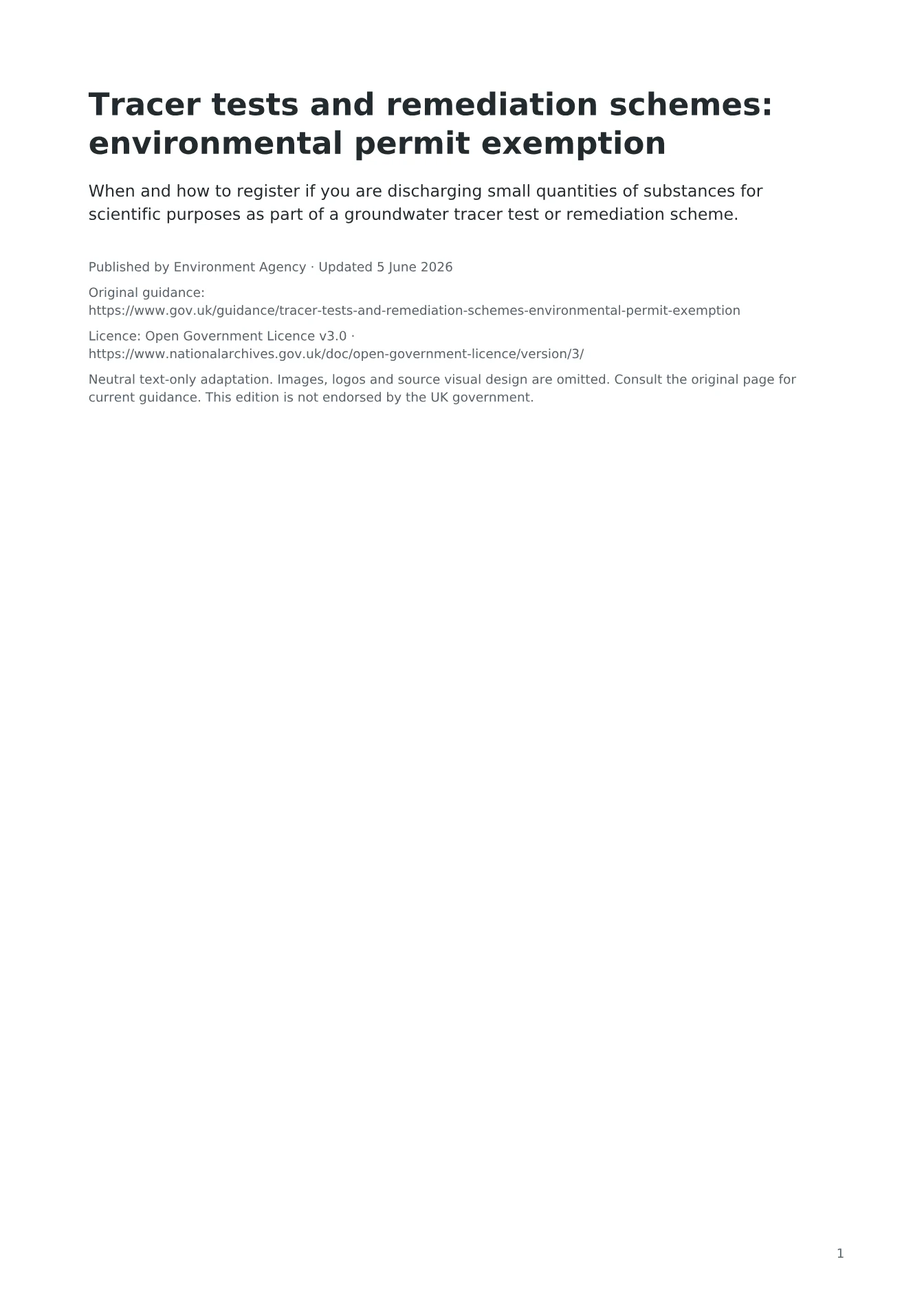Cover of Tracer tests and remediation schemes: environmental permit exemption