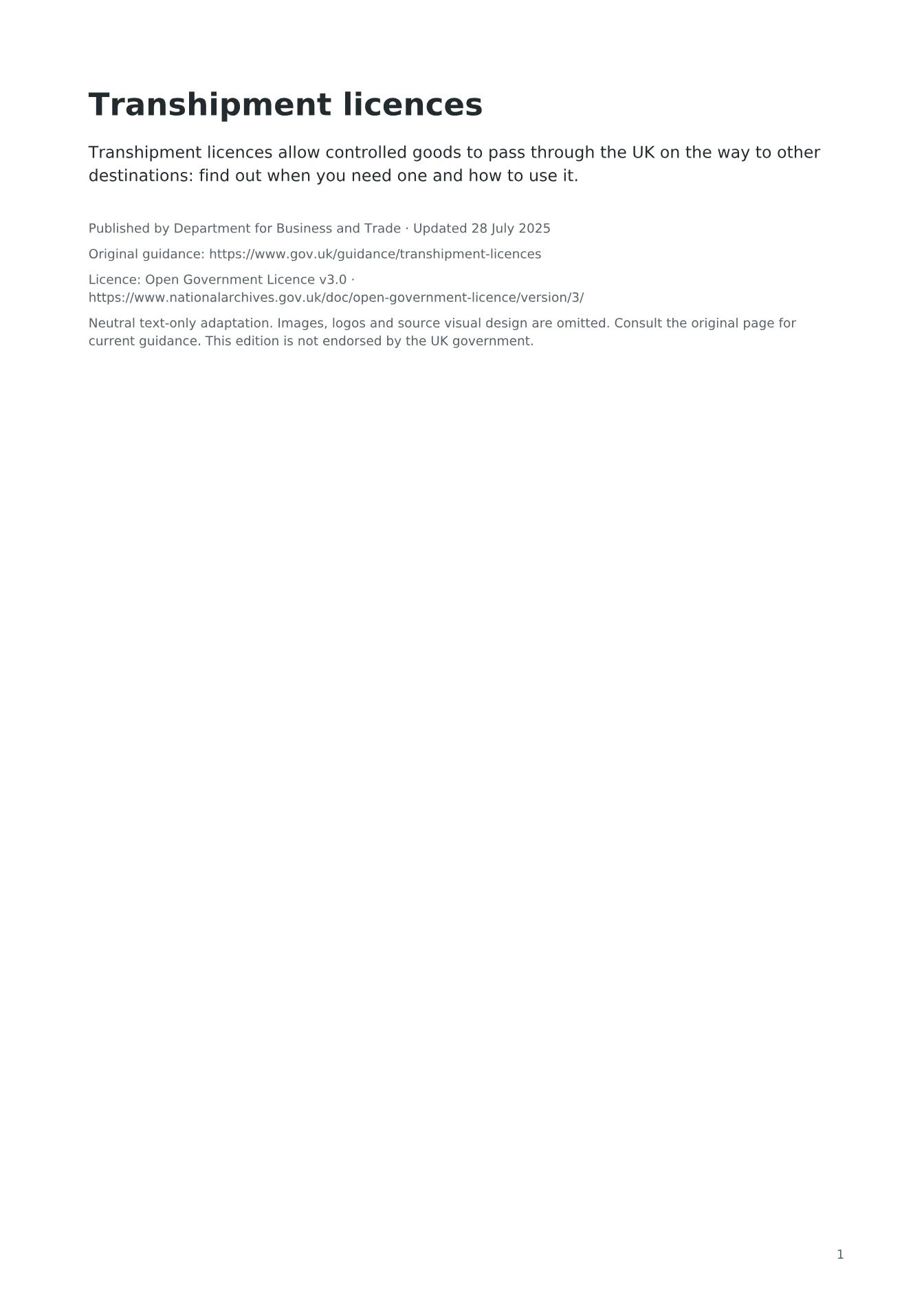 Cover of Transhipment licences