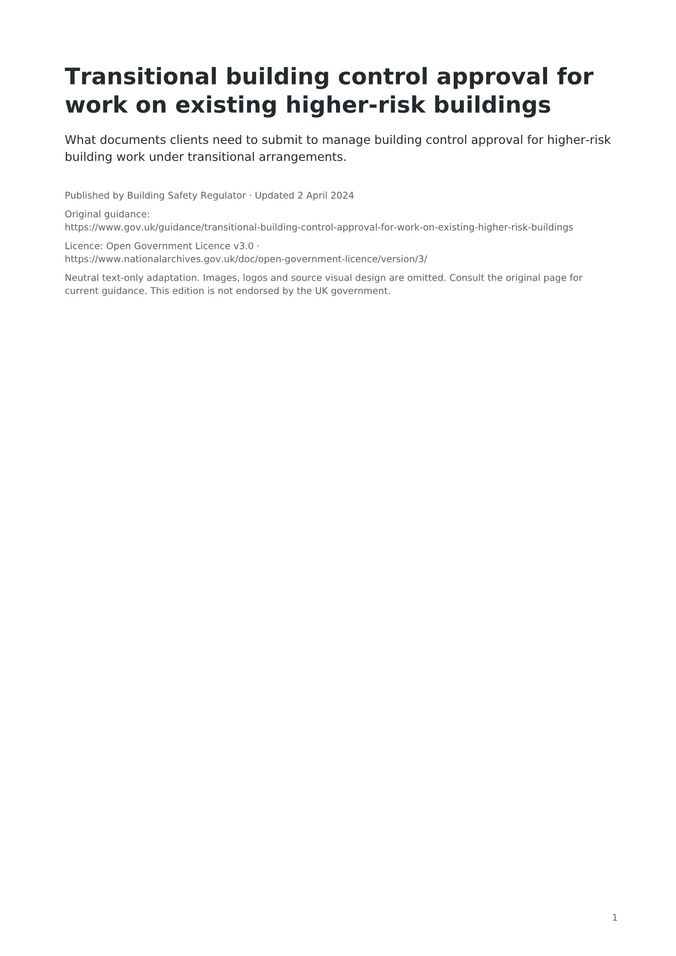 Cover of Transitional building control approval for work on existing higher-risk buildings