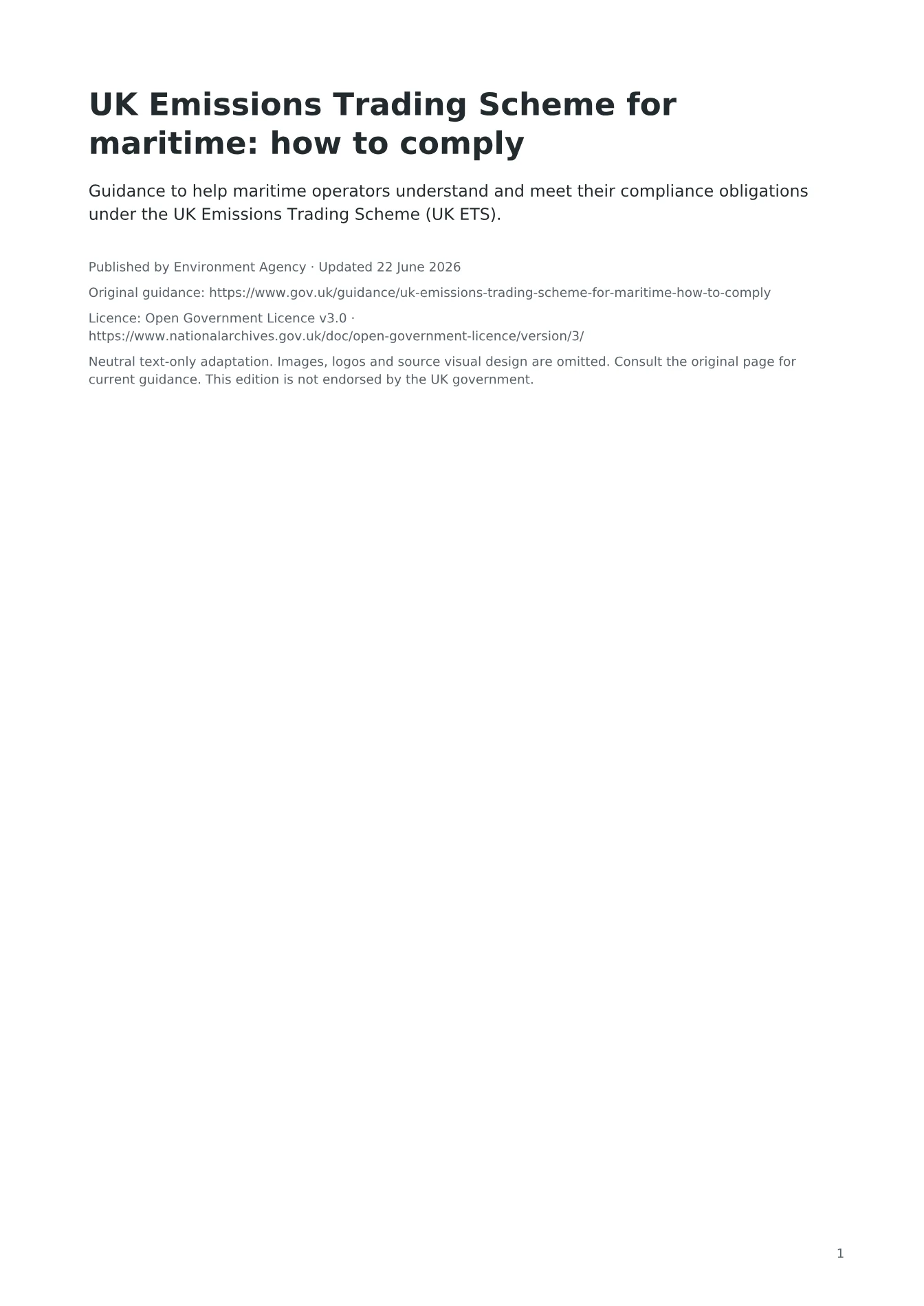 Cover of UK Emissions Trading Scheme for maritime: how to comply