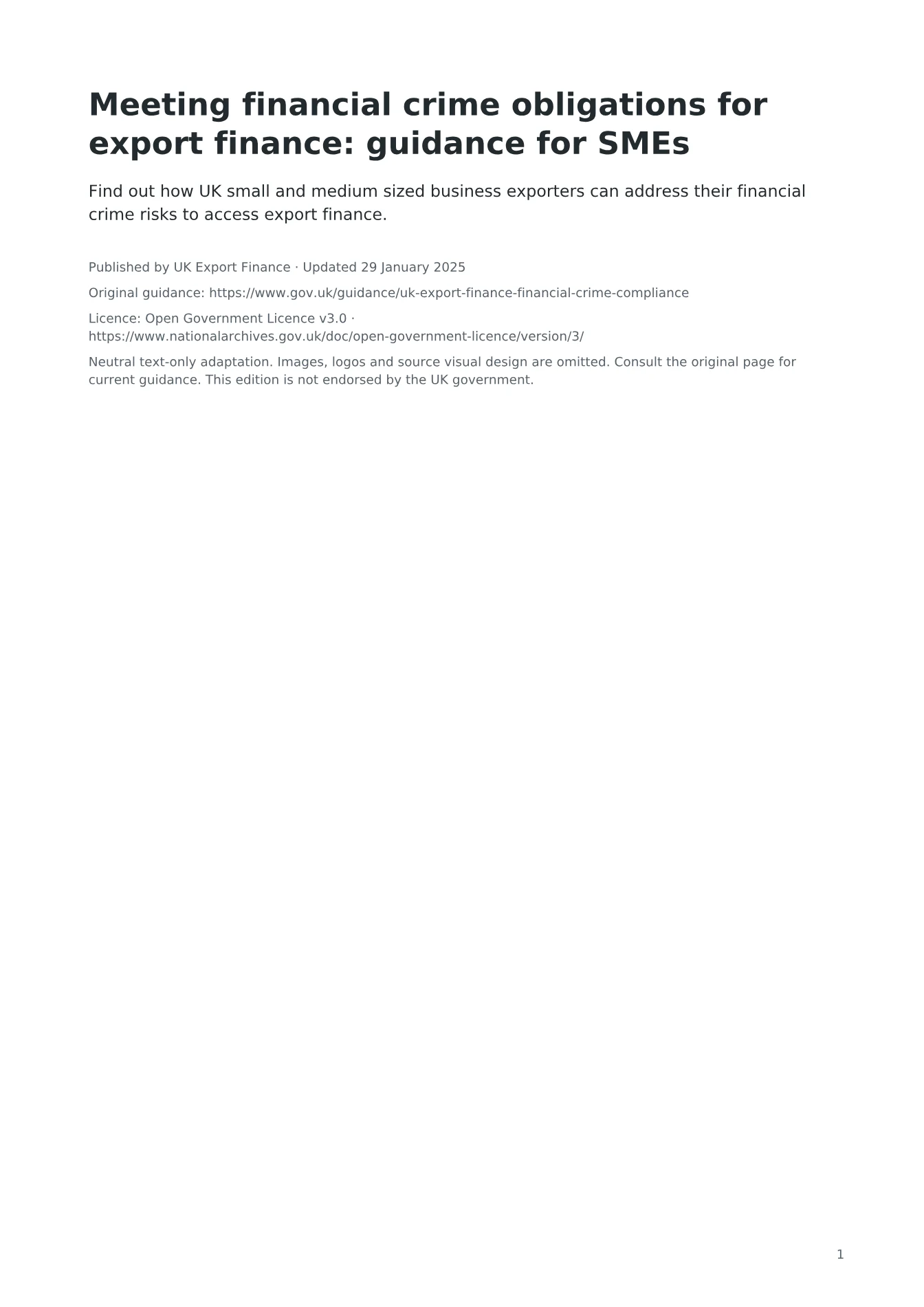 Cover of Meeting financial crime obligations for export finance: guidance for SMEs
