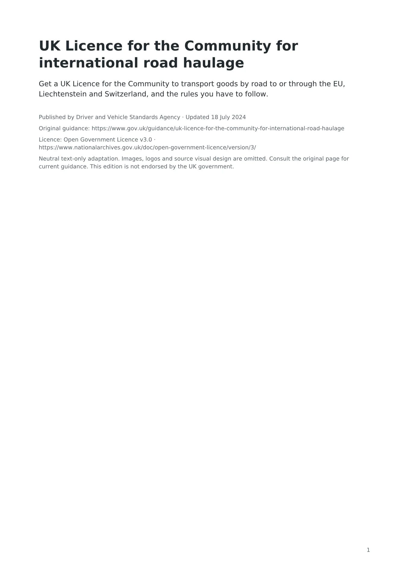 Cover of UK Licence for the Community for international road haulage