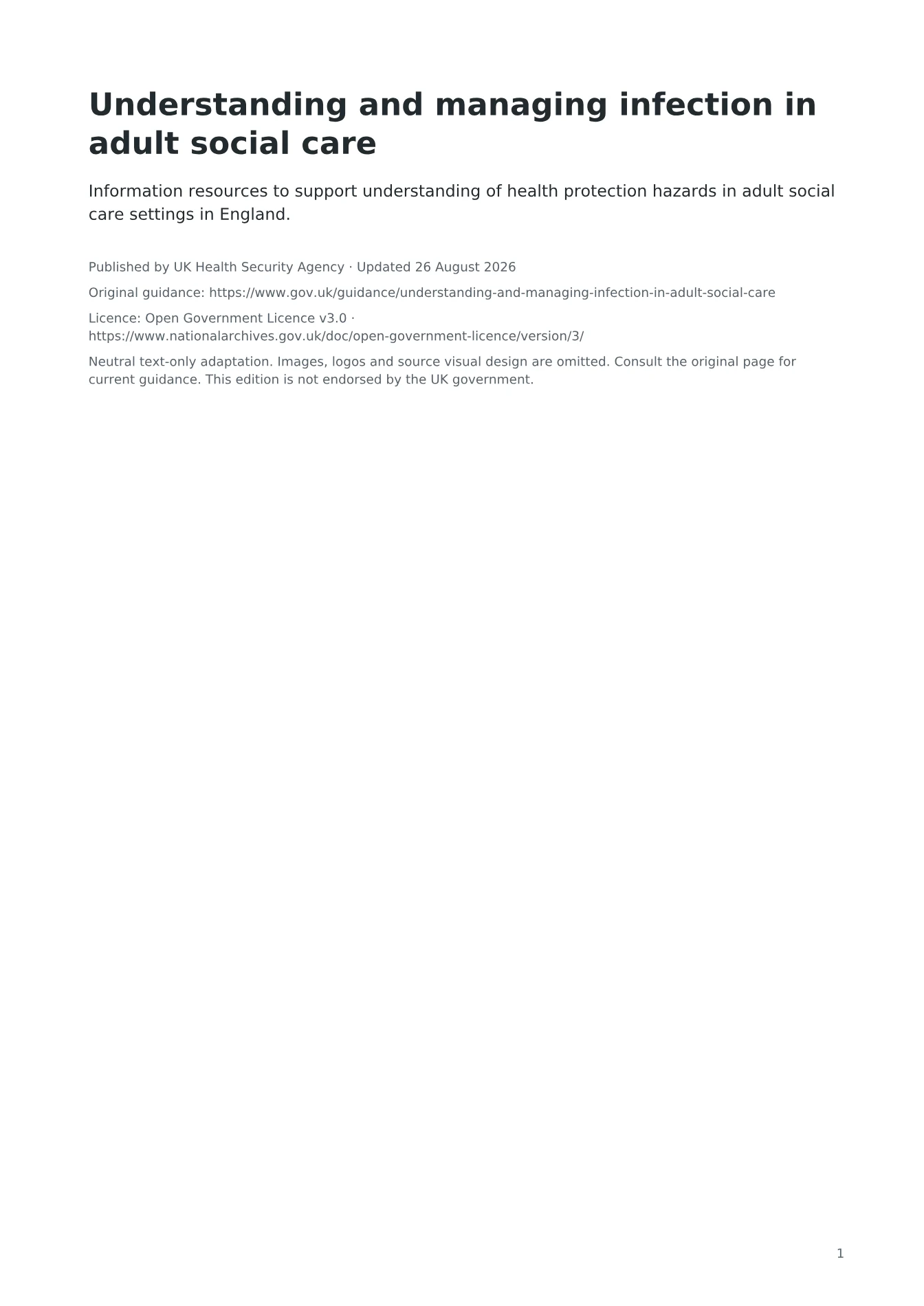 Cover of Understanding and managing infection in adult social care