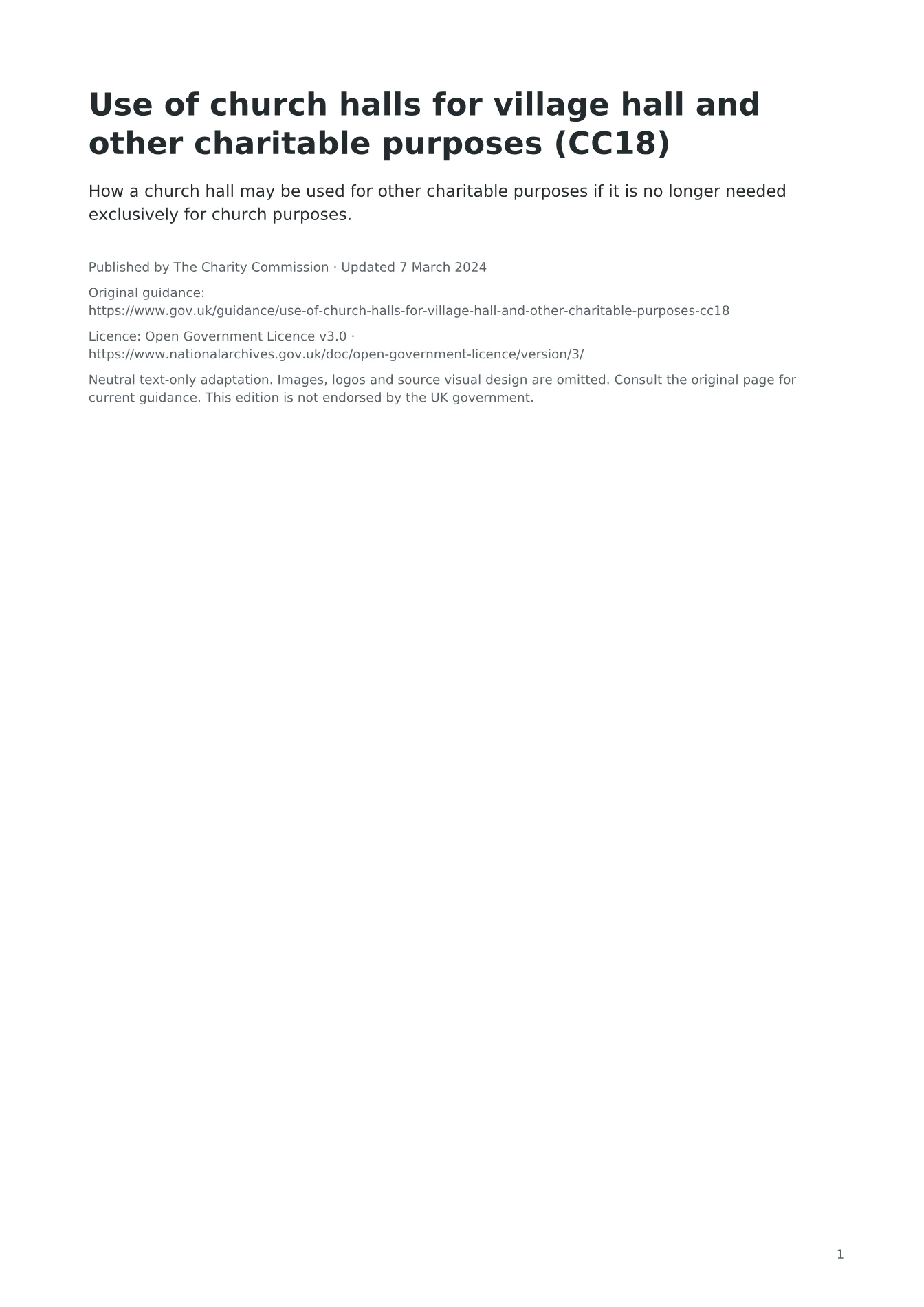 Cover of Use of church halls for village hall and other charitable purposes (CC18)