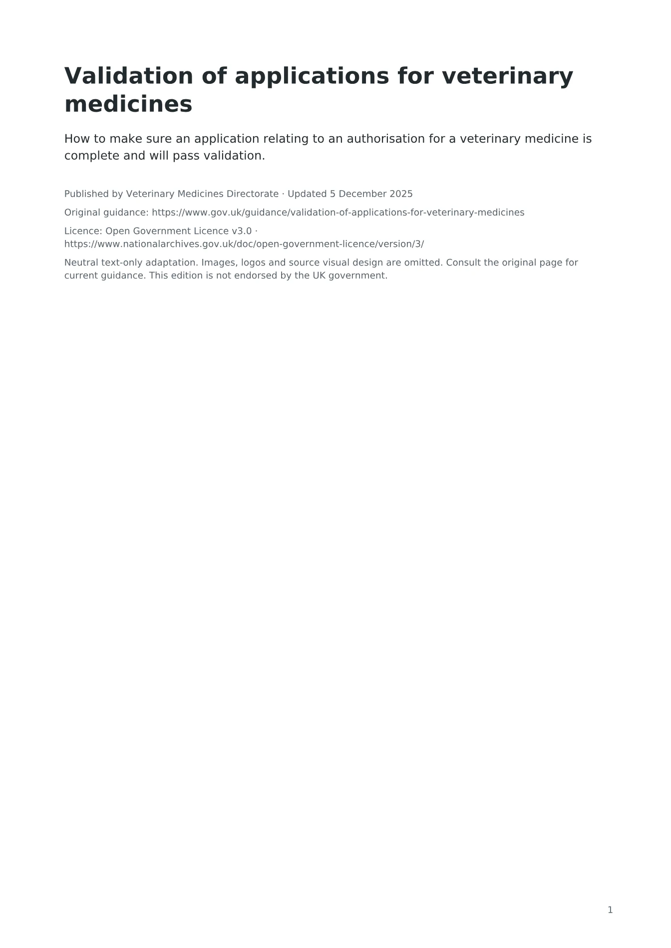 Cover of Validation of applications for veterinary medicines