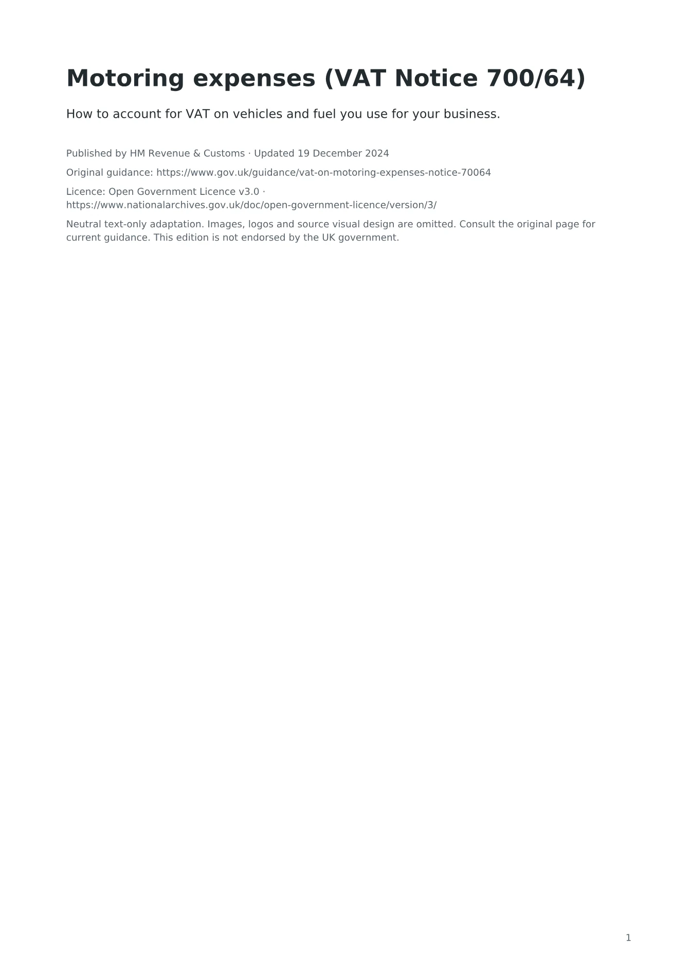 Cover of Motoring expenses (VAT Notice 700/64)