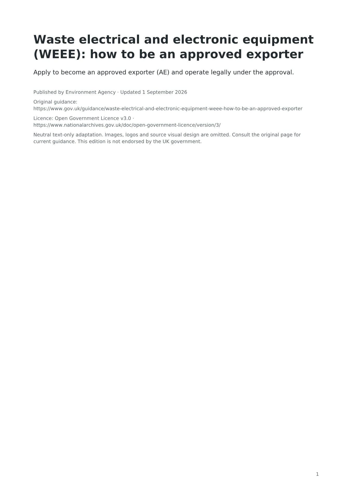 Cover of Waste electrical and electronic equipment (WEEE): how to be an approved exporter