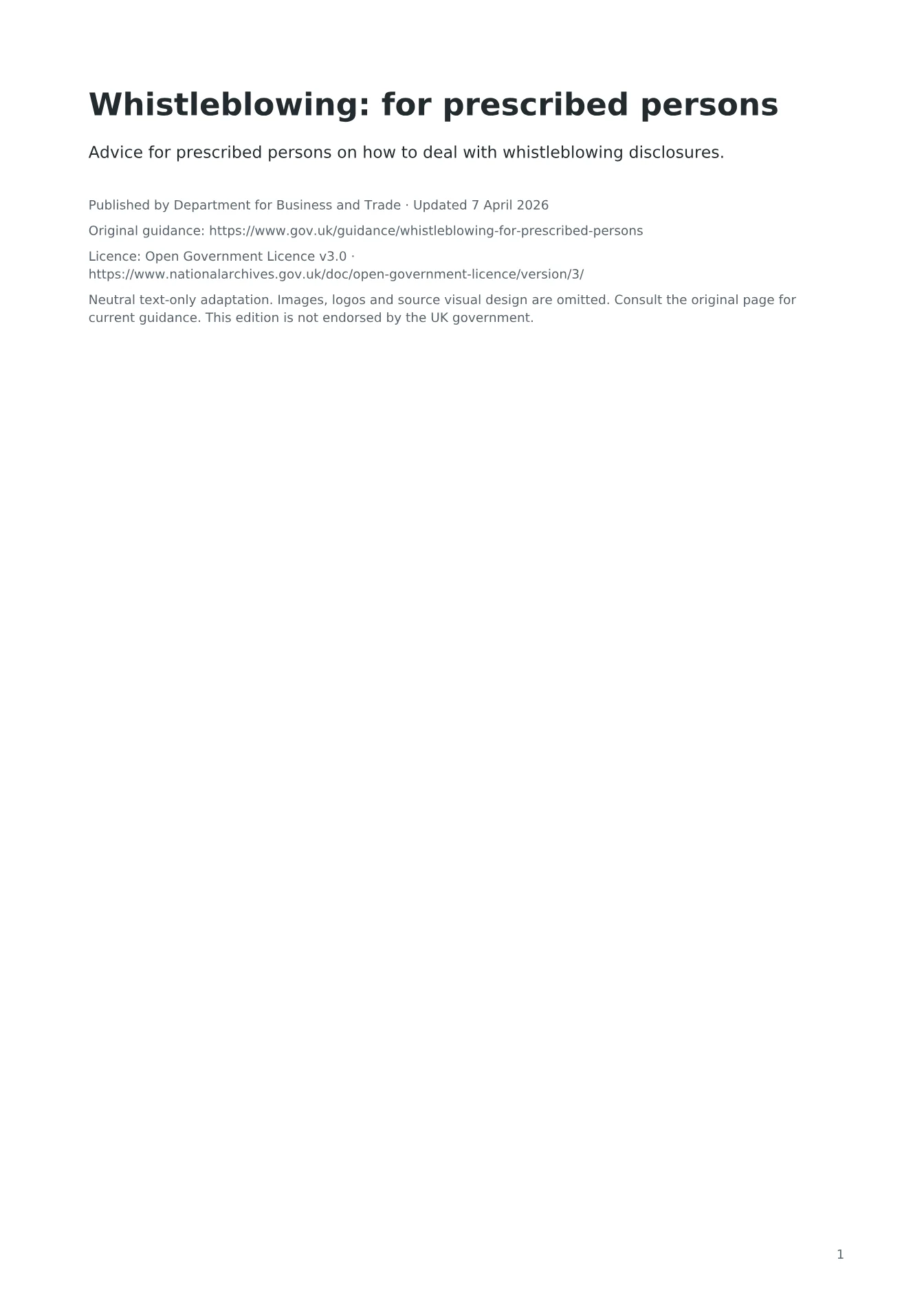Cover of Whistleblowing: for prescribed persons