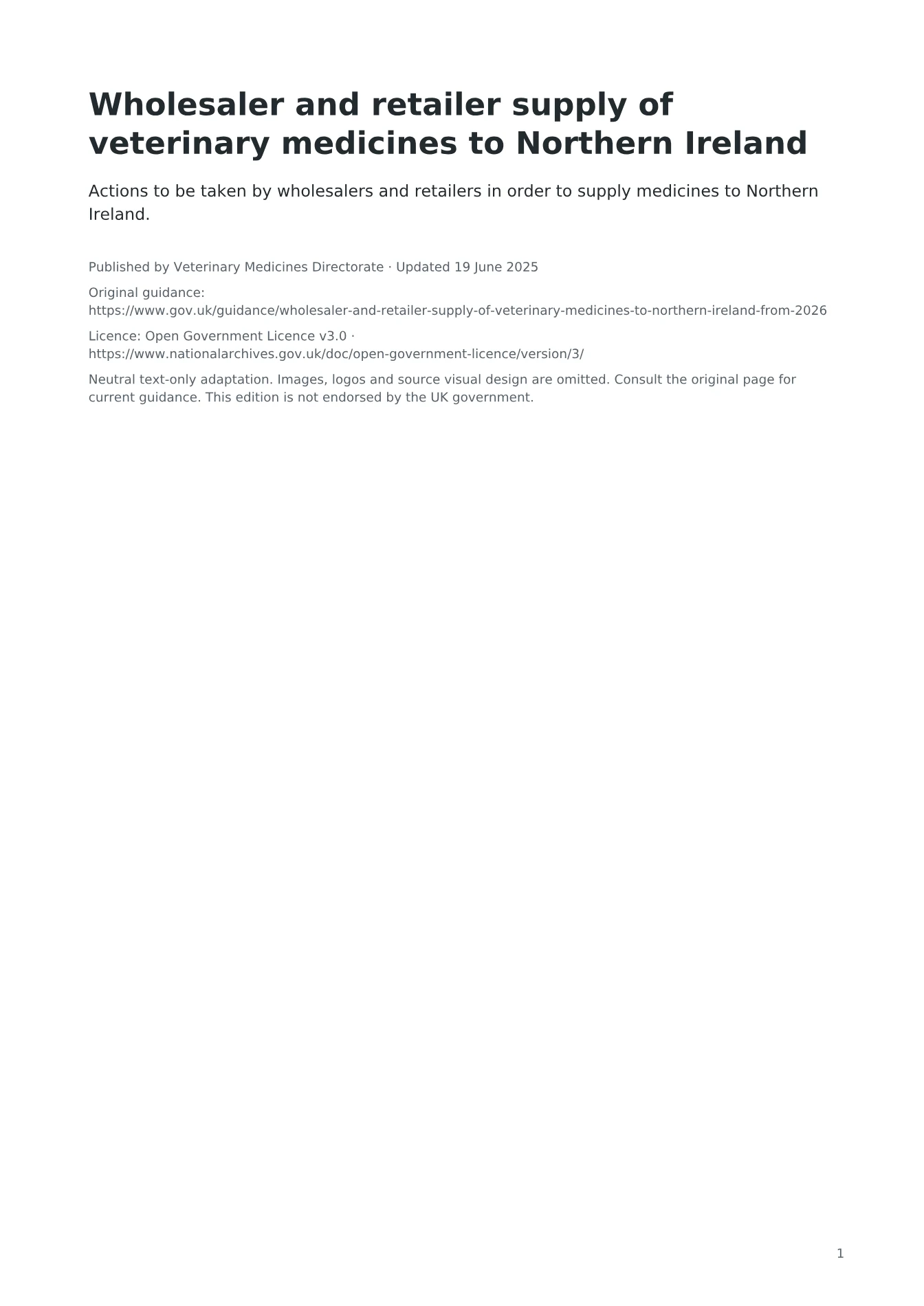 Cover of Wholesaler and retailer supply of veterinary medicines to Northern Ireland