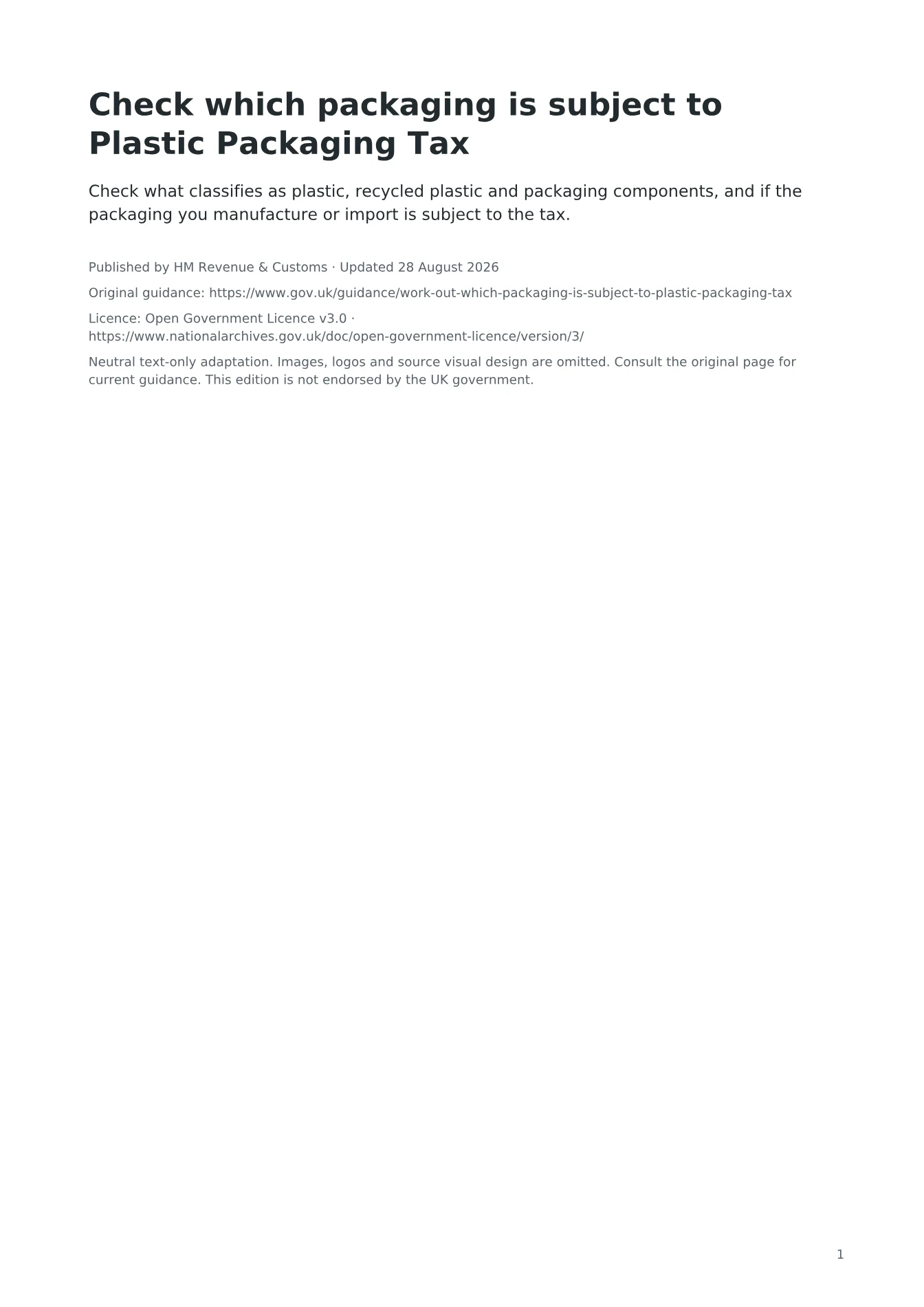Cover of Check which packaging is subject to Plastic Packaging Tax