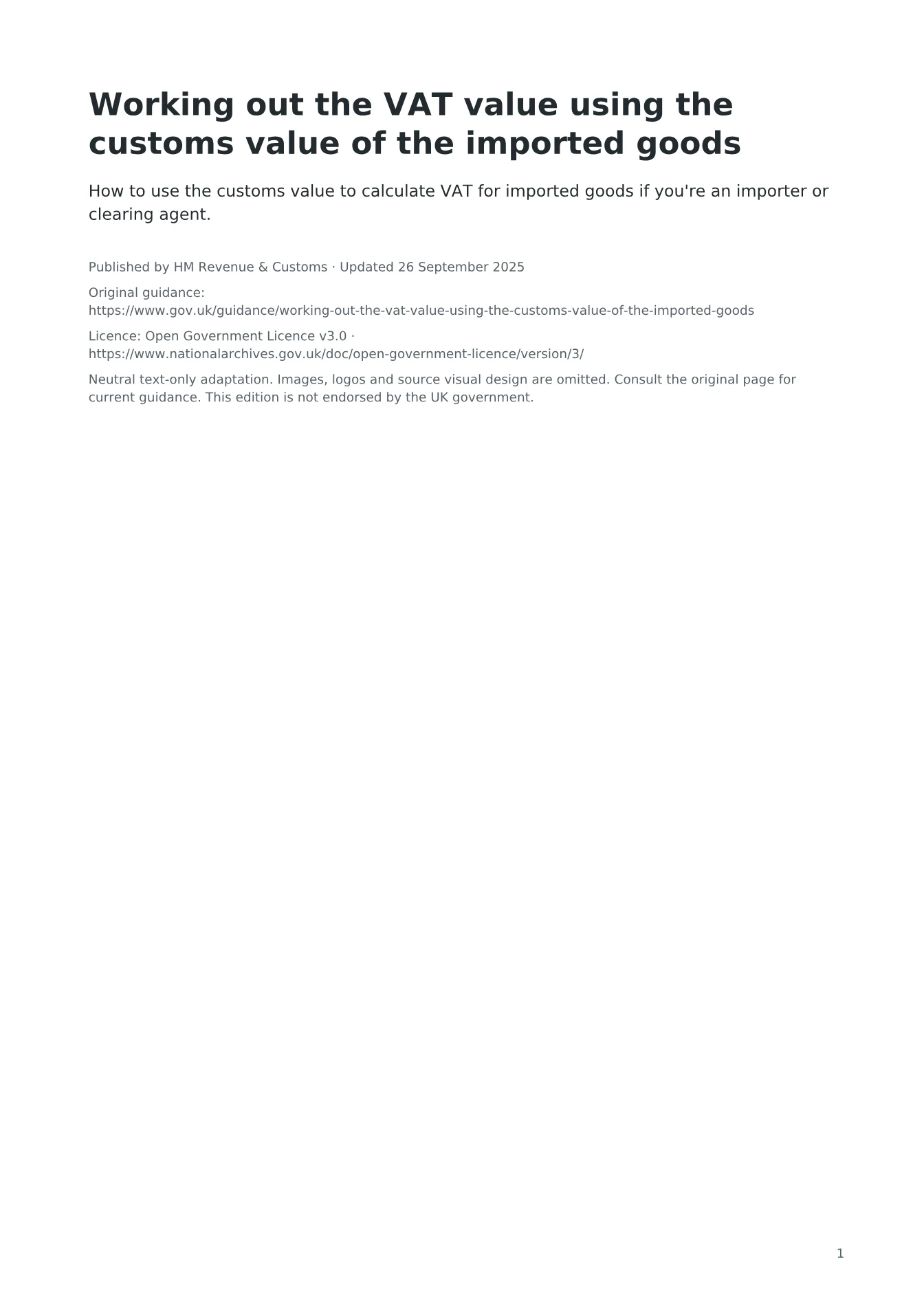 Cover of Working out the VAT value using the customs value of the imported goods