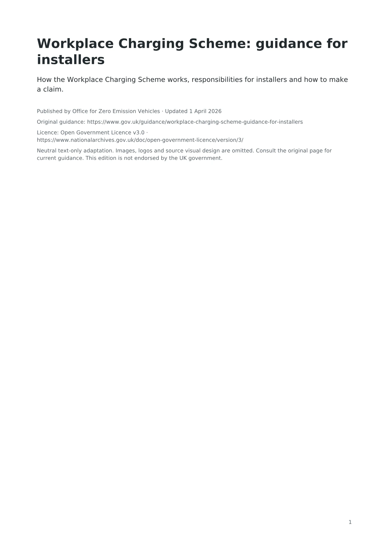 Cover of Workplace Charging Scheme: guidance for installers