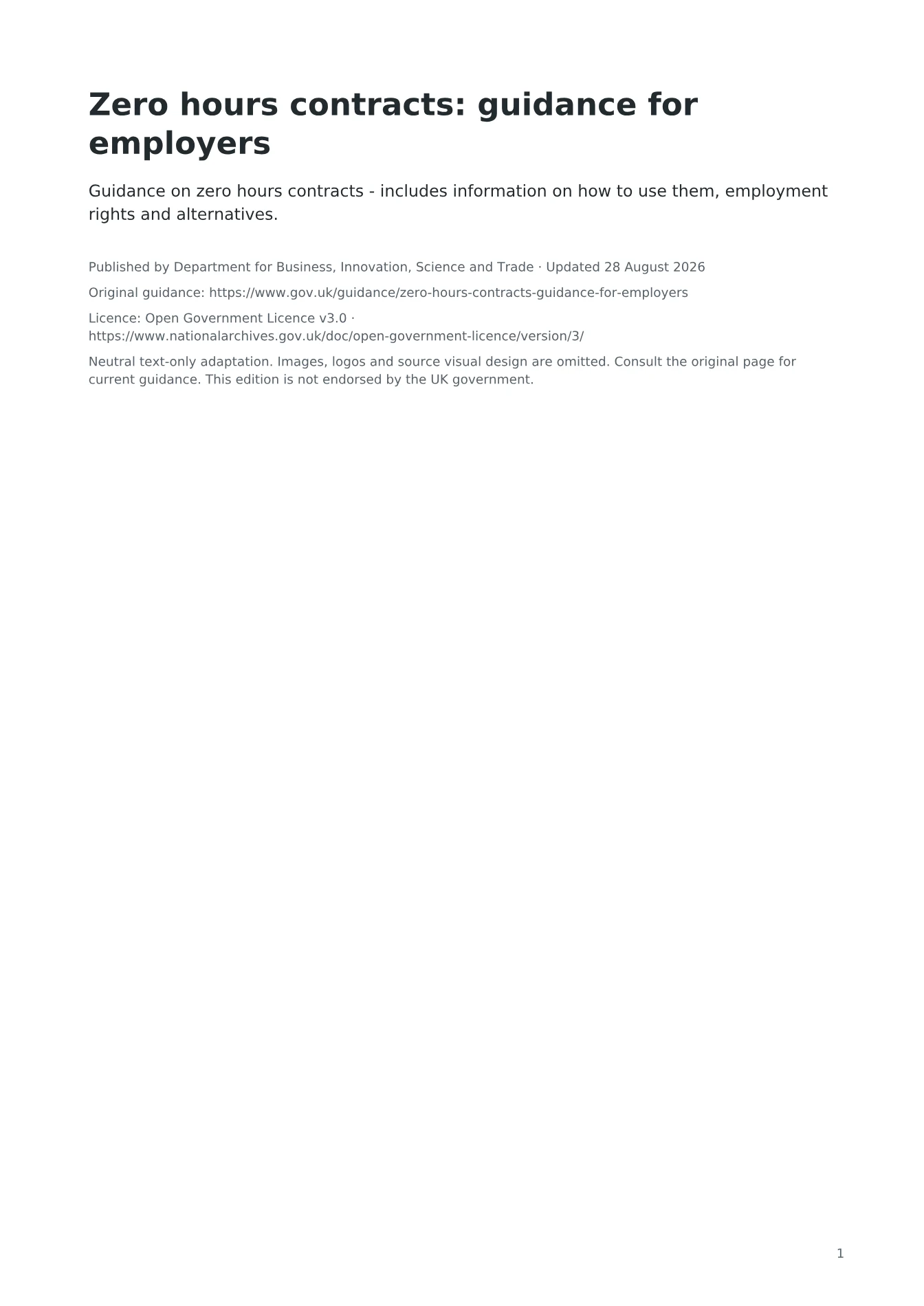 Cover of Zero hours contracts: guidance for employers
