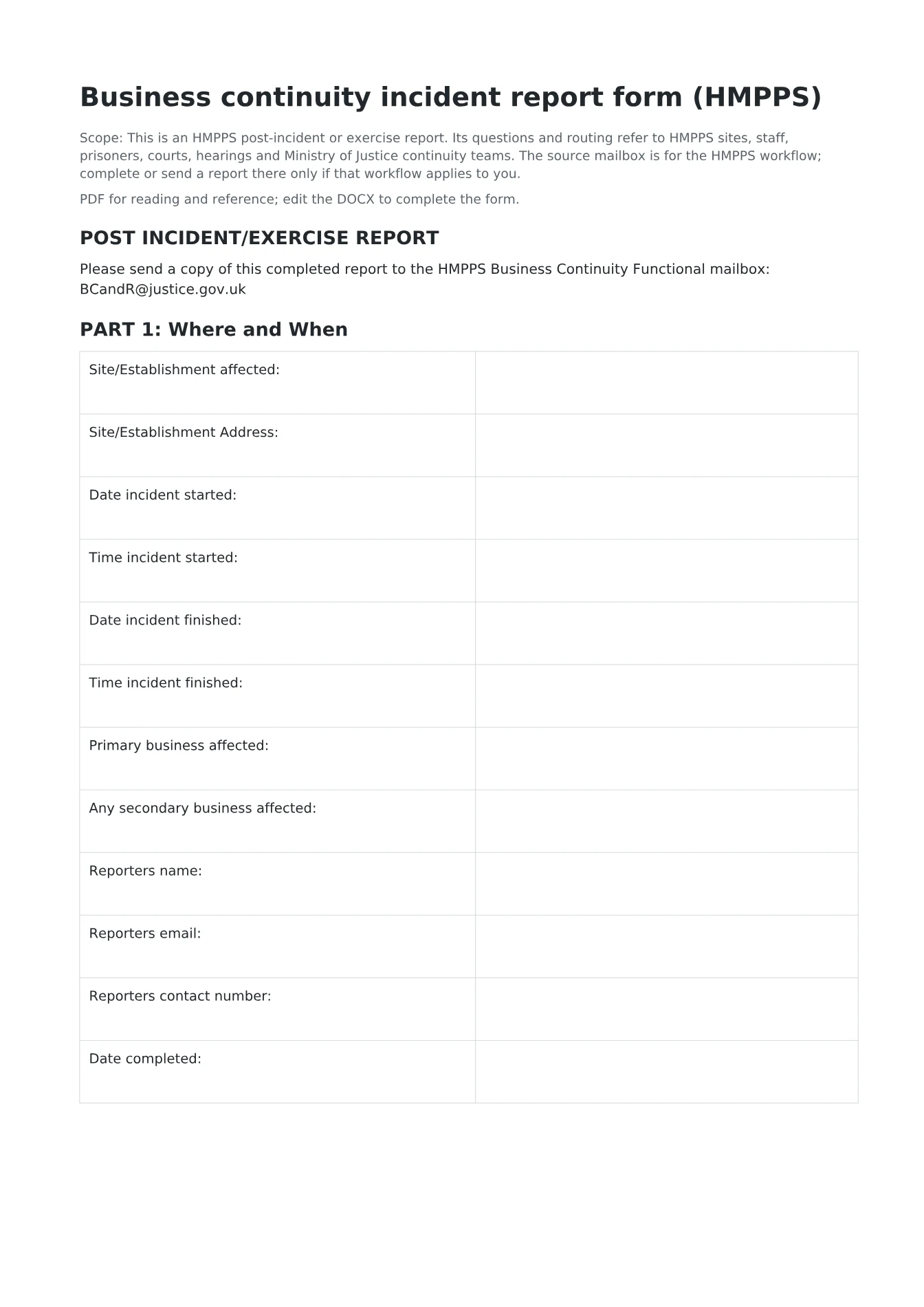 Cover of Business continuity incident report form (HMPPS)
