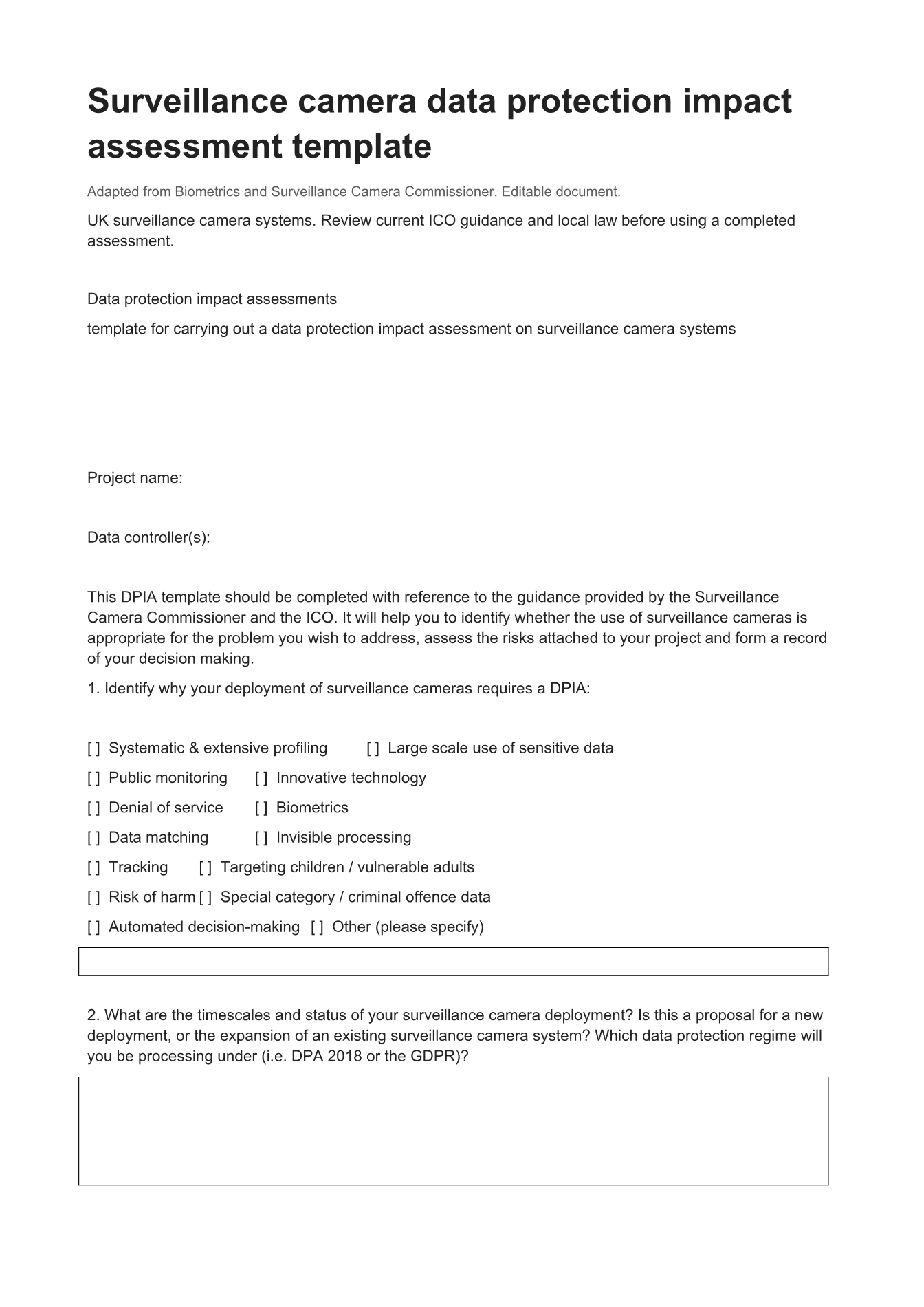 Cover of Surveillance camera data protection impact assessment template