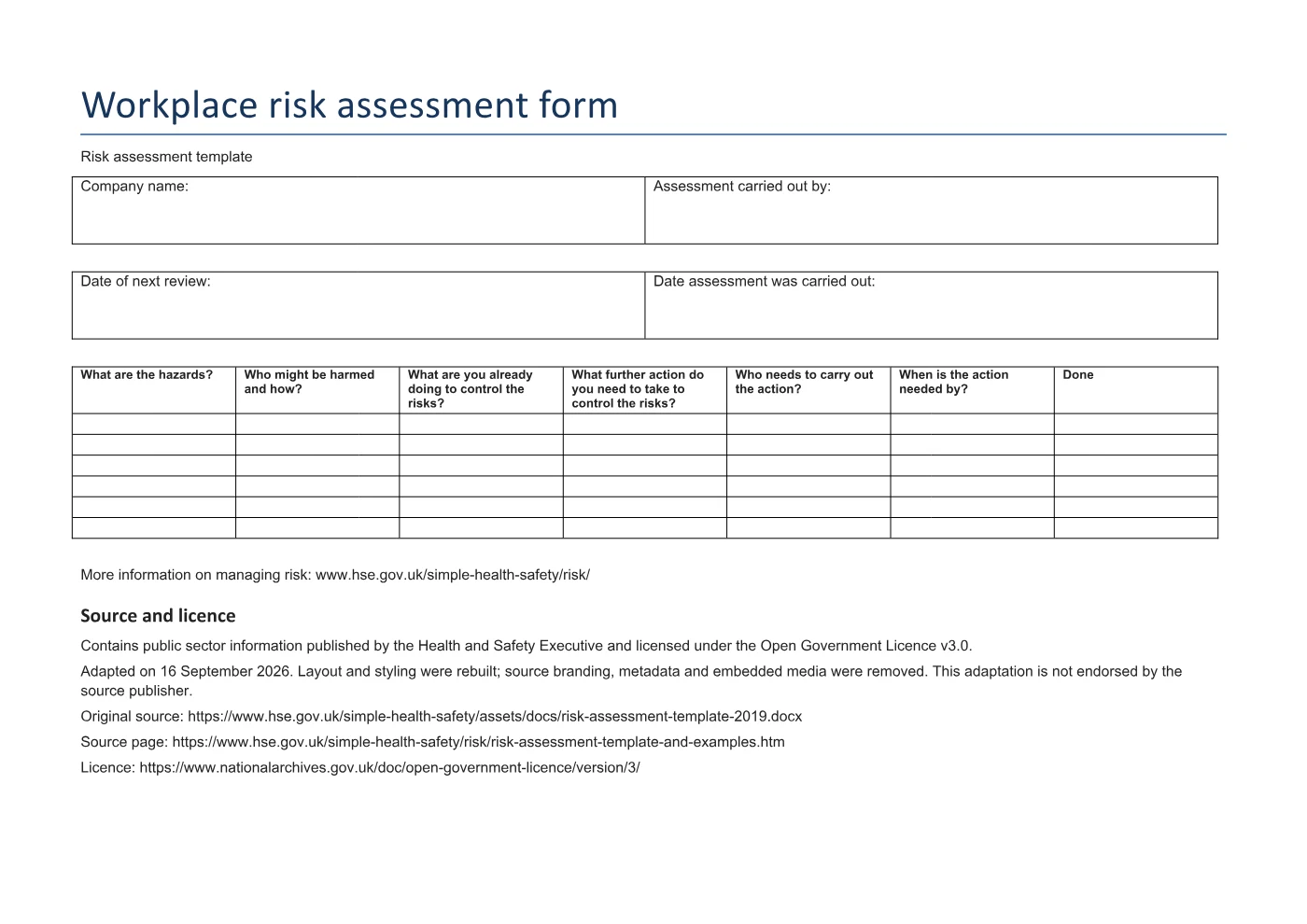 Cover of Workplace risk assessment form