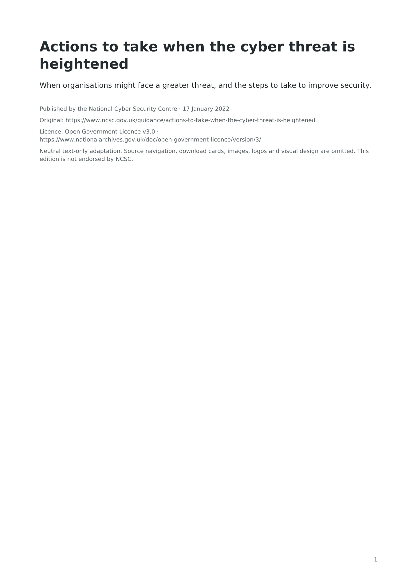 Cover of Actions to take when the cyber threat is heightened