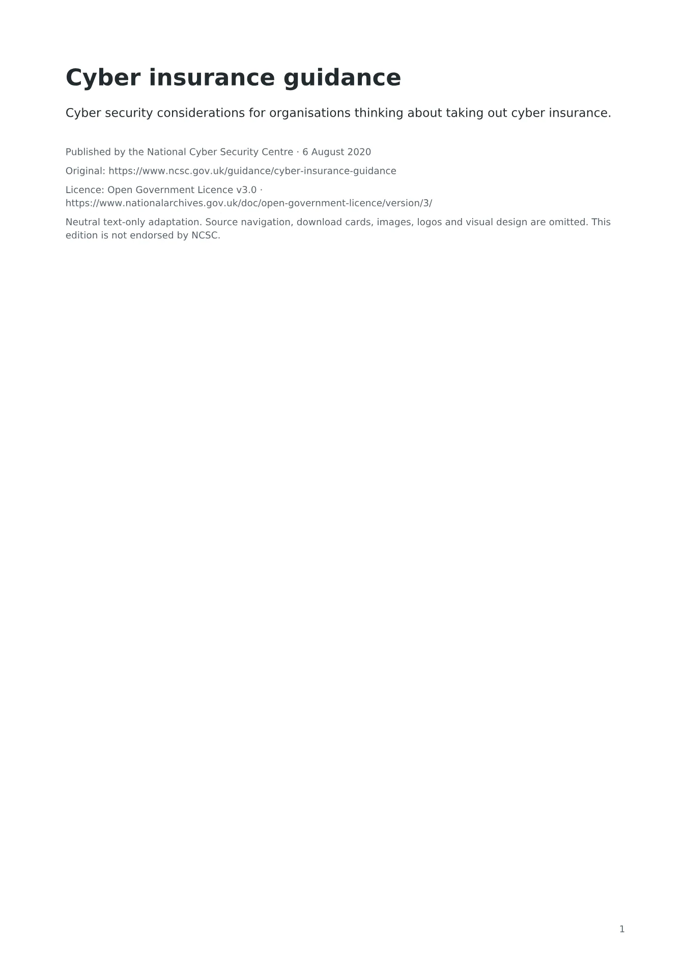 Cover of Cyber insurance guidance