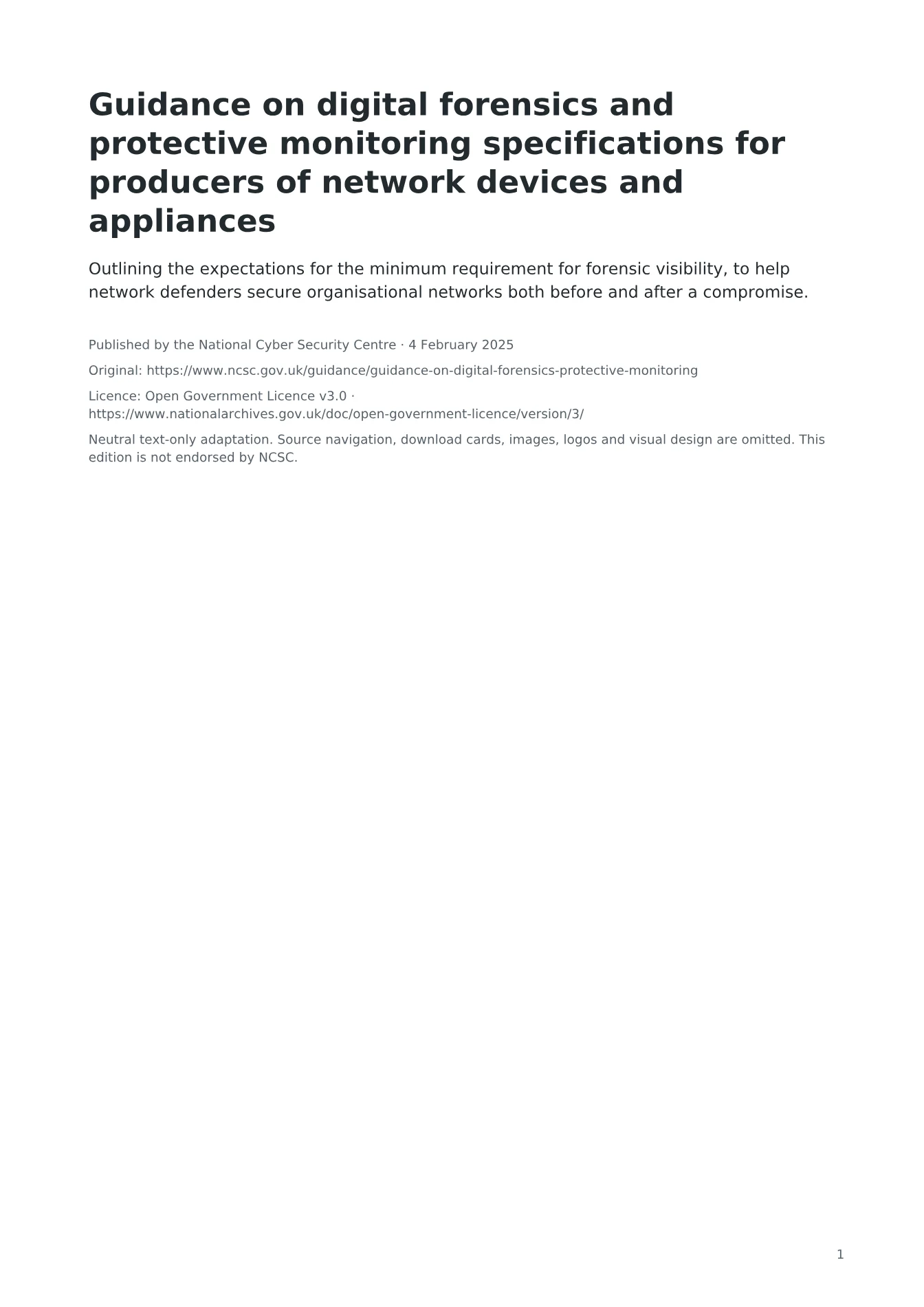 Cover of Guidance on digital forensics and protective monitoring specifications for producers of network devices and appliances