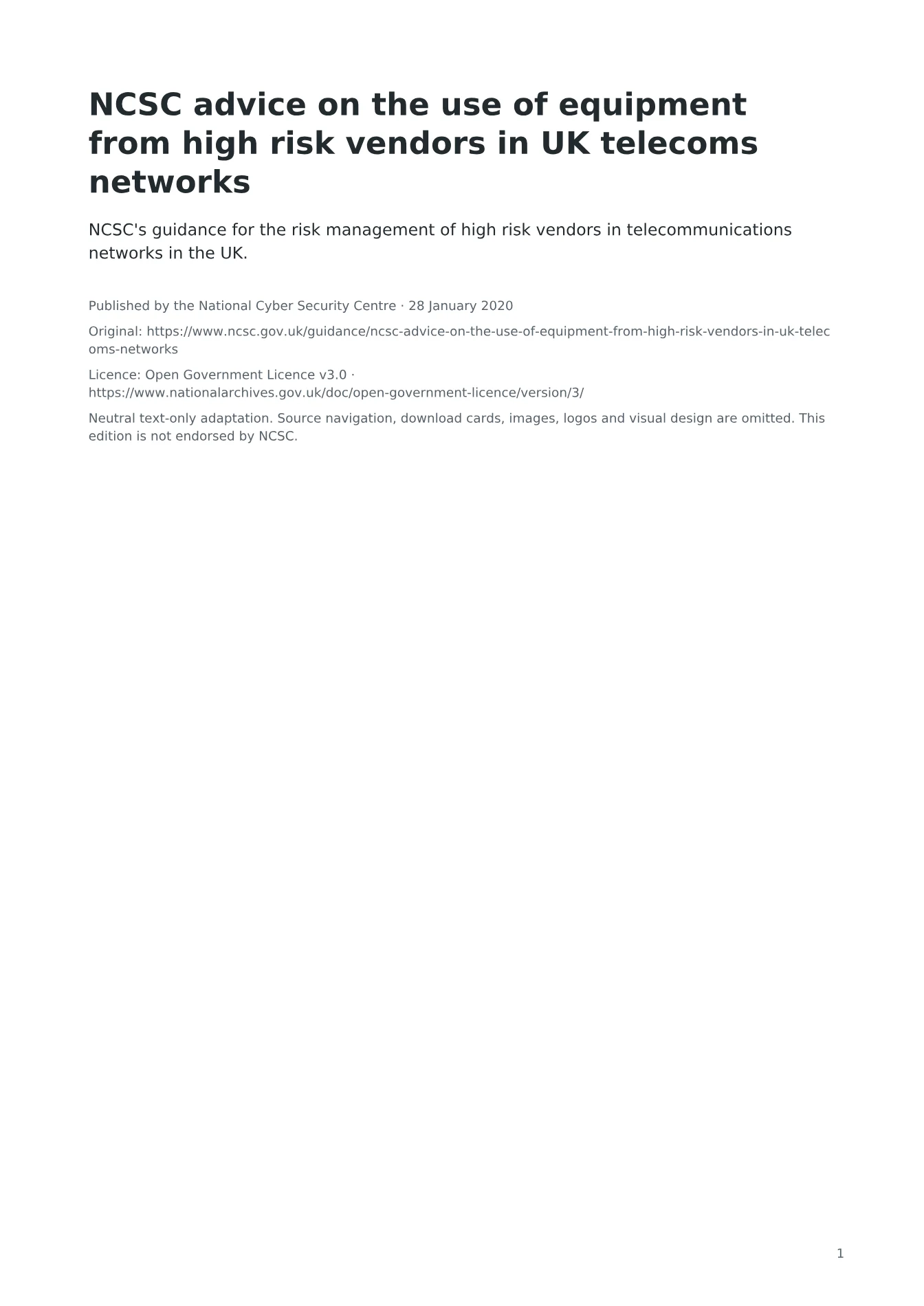 Cover of NCSC advice on the use of equipment from high risk vendors in UK telecoms networks