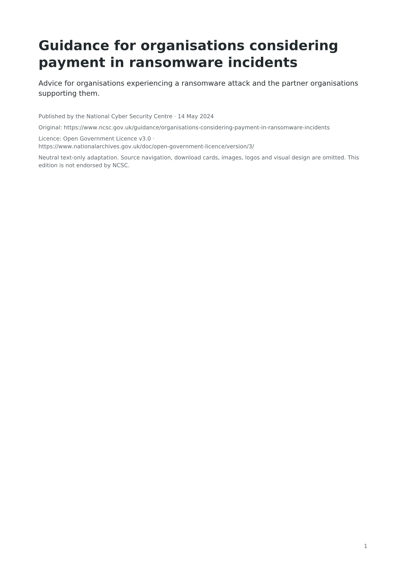Cover of Guidance for organisations considering payment in ransomware incidents