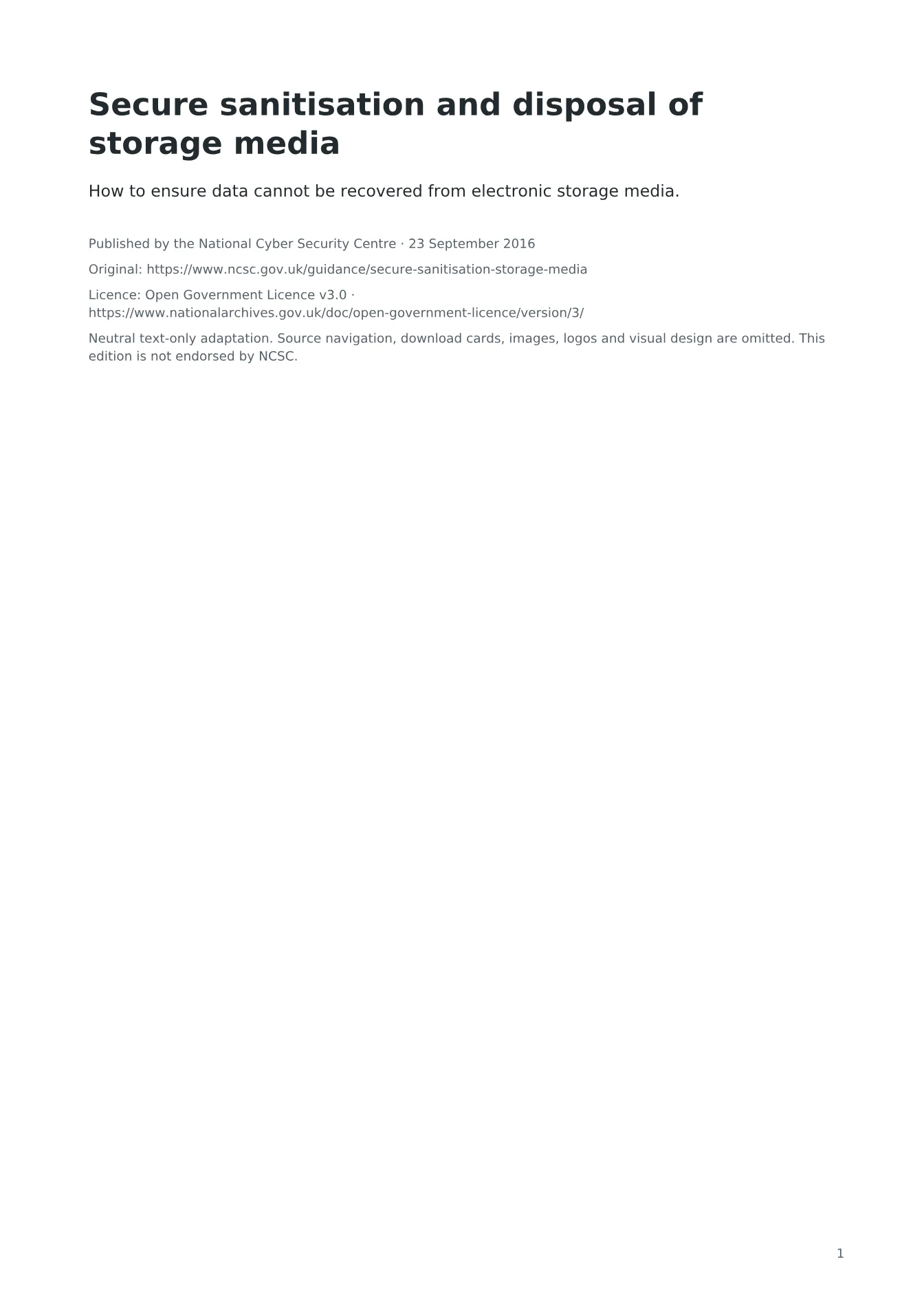 Cover of Secure sanitisation and disposal of storage media