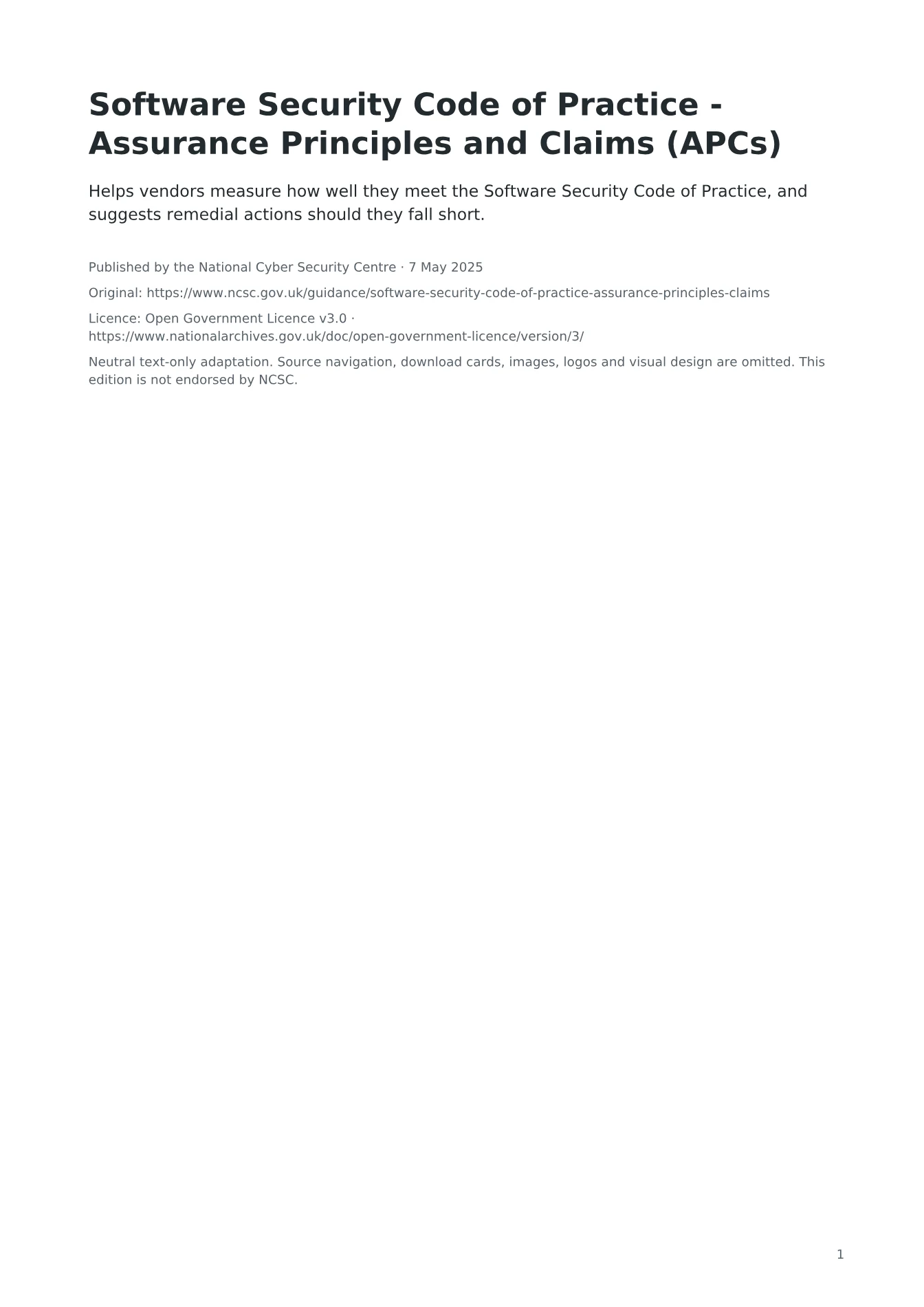 Cover of Software Security Code of Practice - Assurance Principles and Claims (APCs)