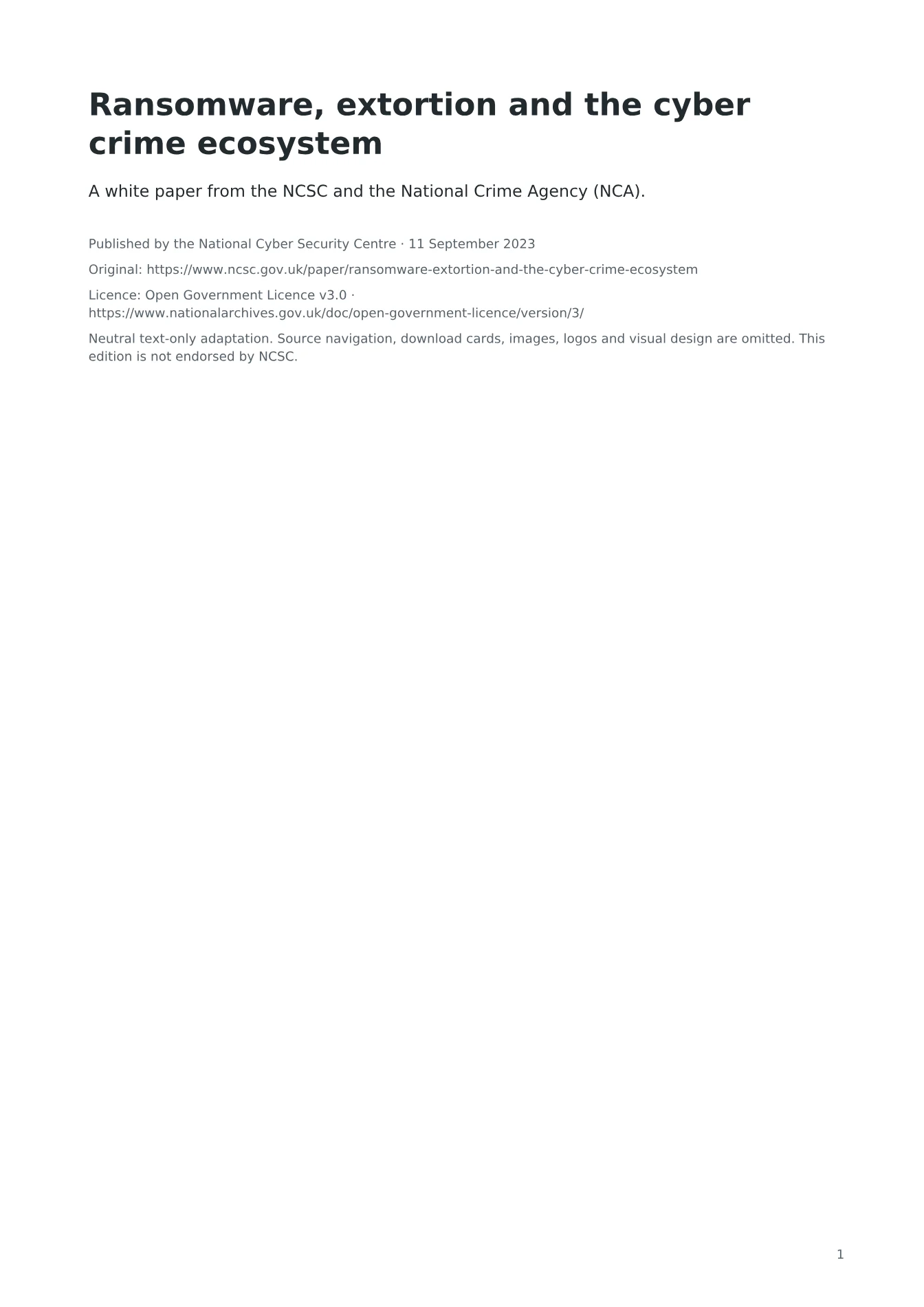 Cover of Ransomware, extortion and the cyber crime ecosystem