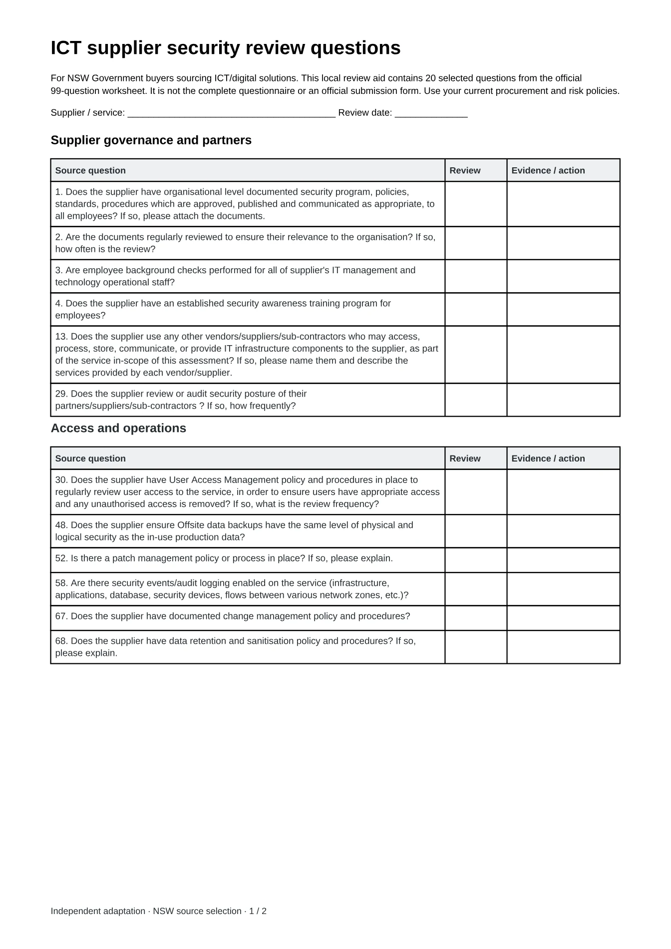 Cover of ICT supplier security review questions