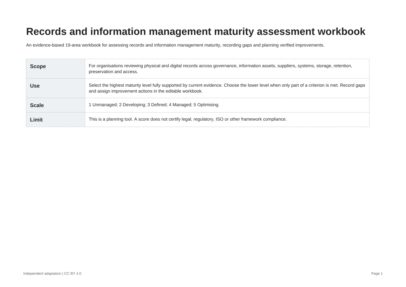 Cover of Records and information management maturity assessment workbook