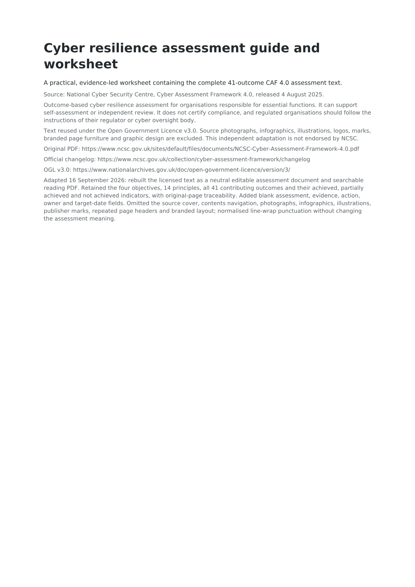 Cover of Cyber resilience assessment guide and worksheet