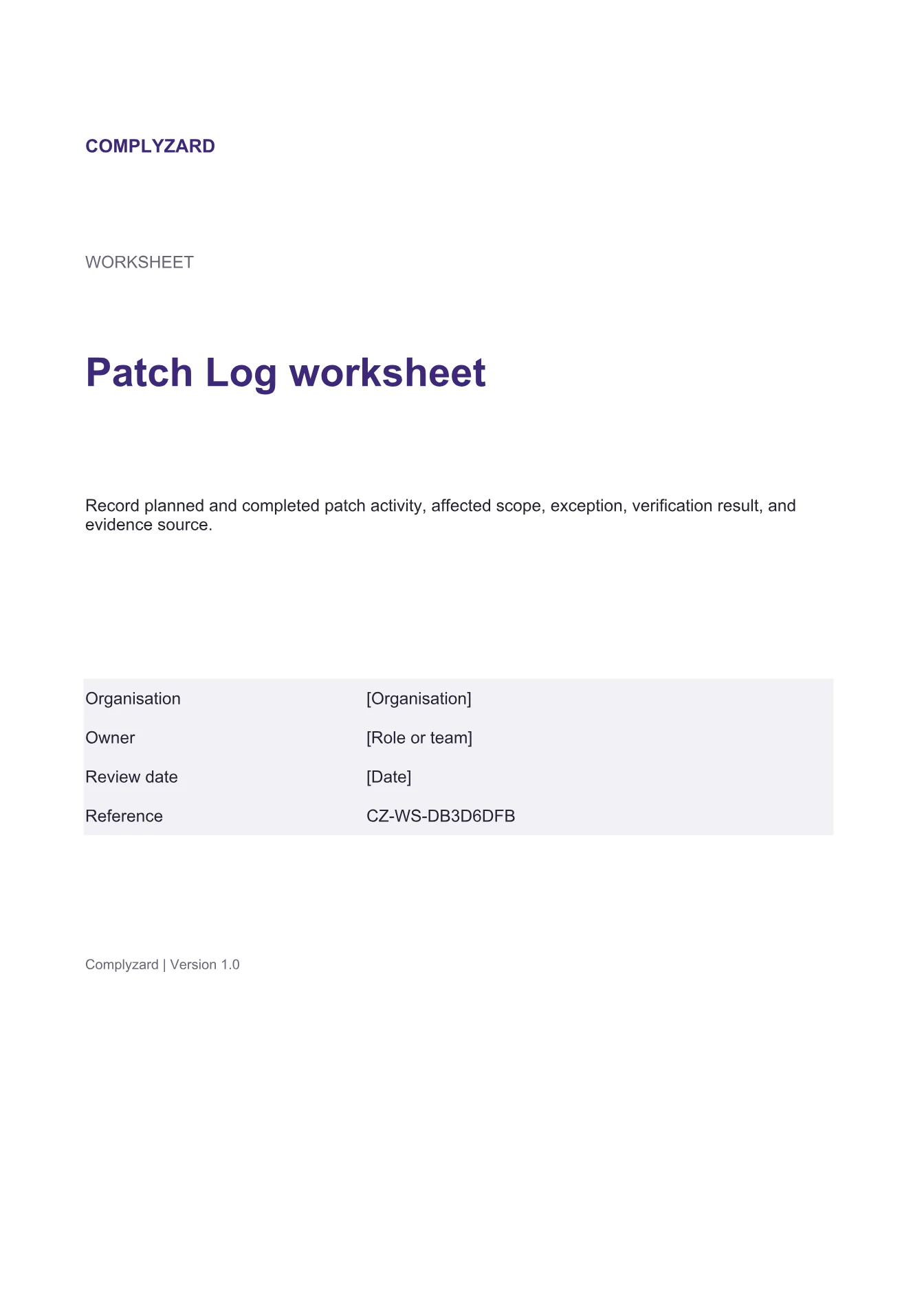 Cover of Patch Log worksheet