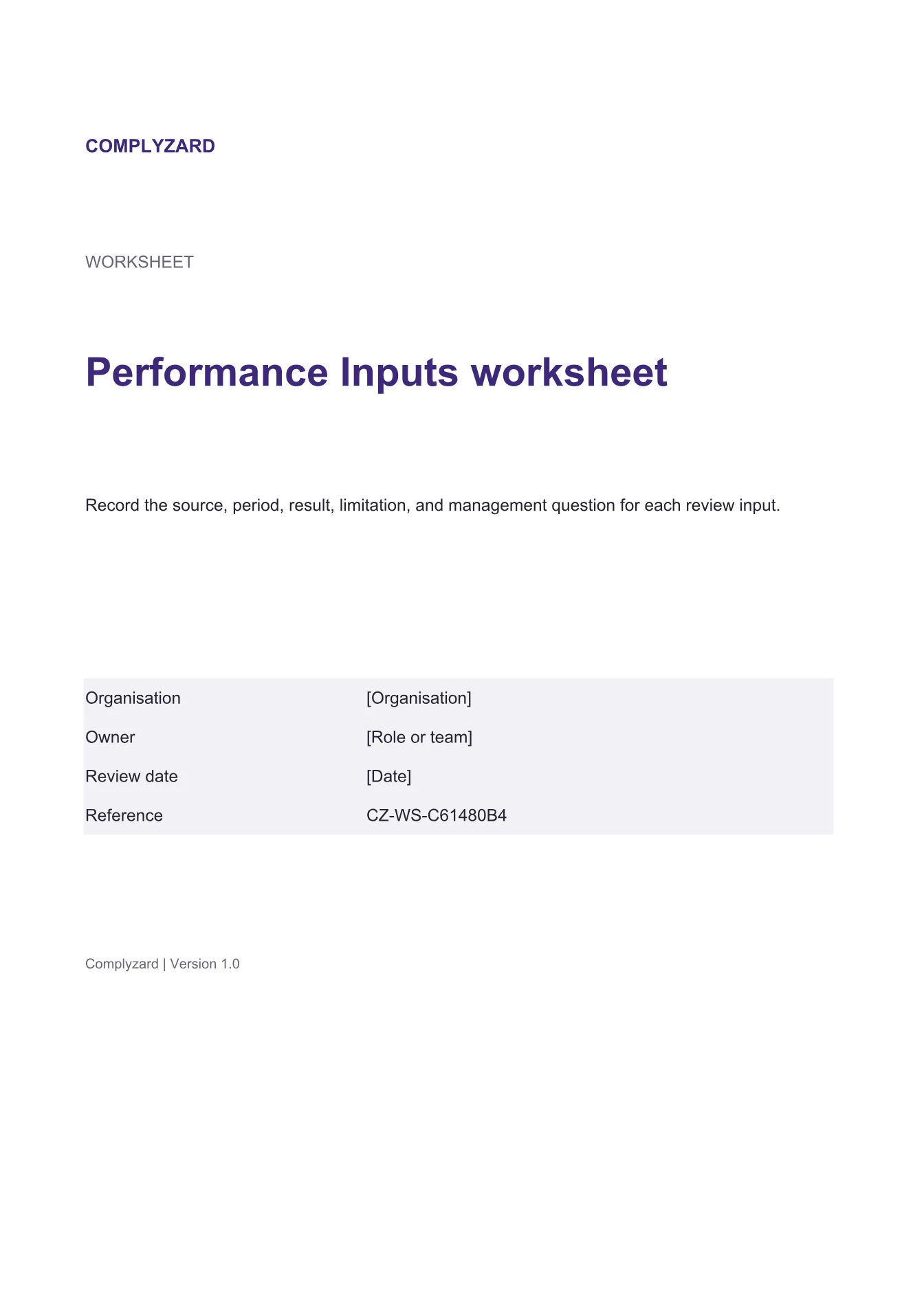 Cover of Performance Inputs worksheet