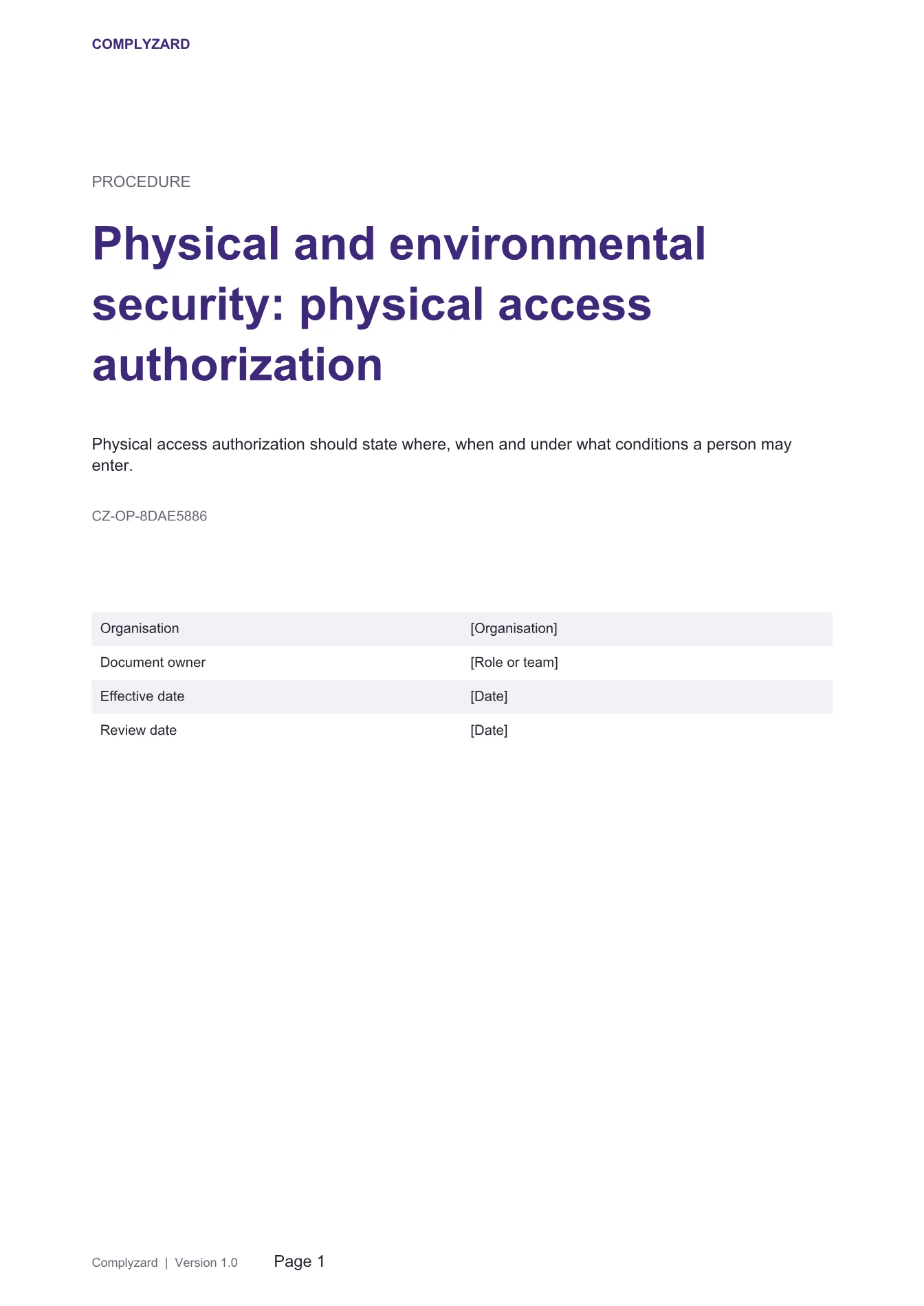 Cover of Physical and environmental security: physical access authorization