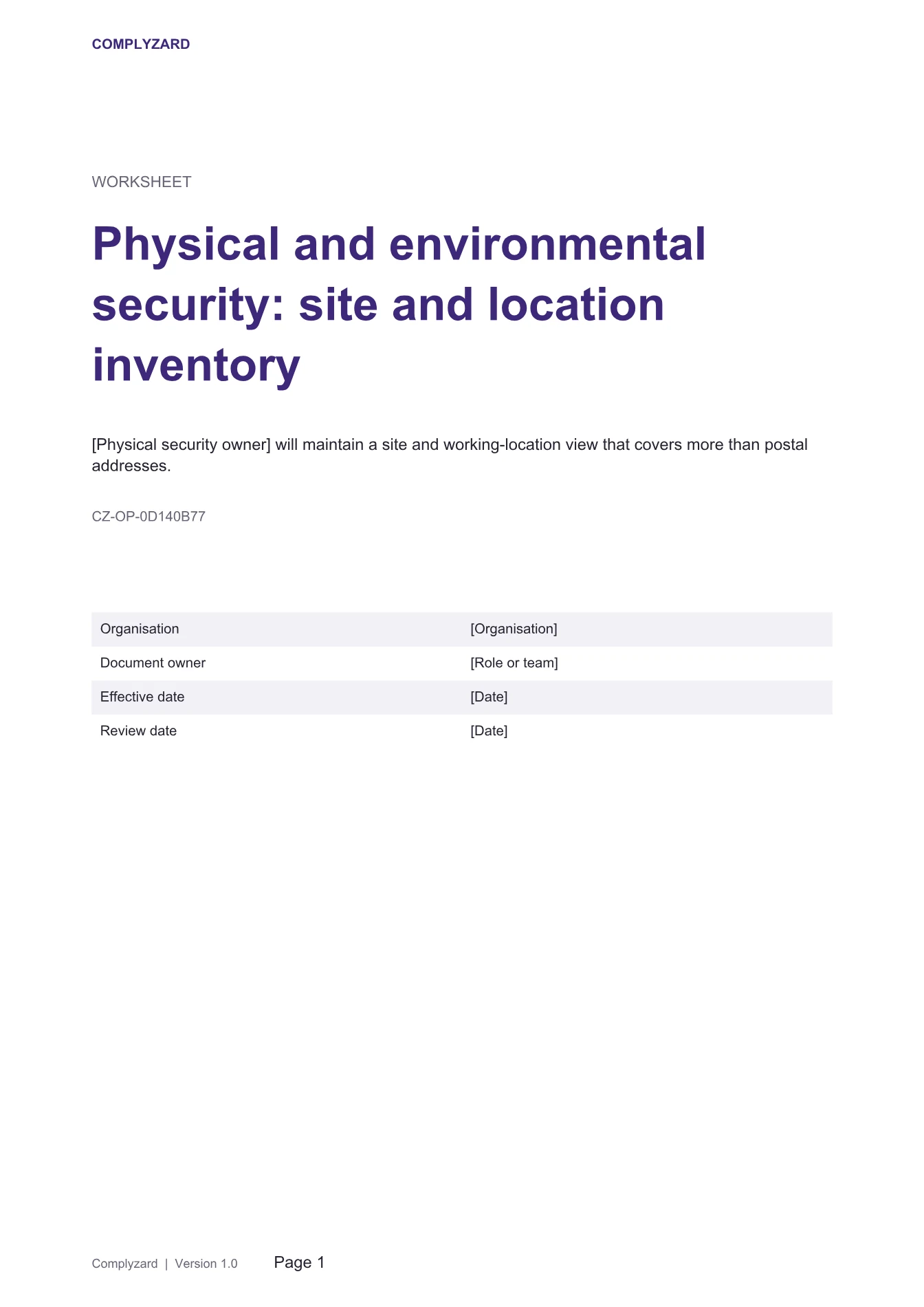 Cover of Physical and environmental security: site and location inventory