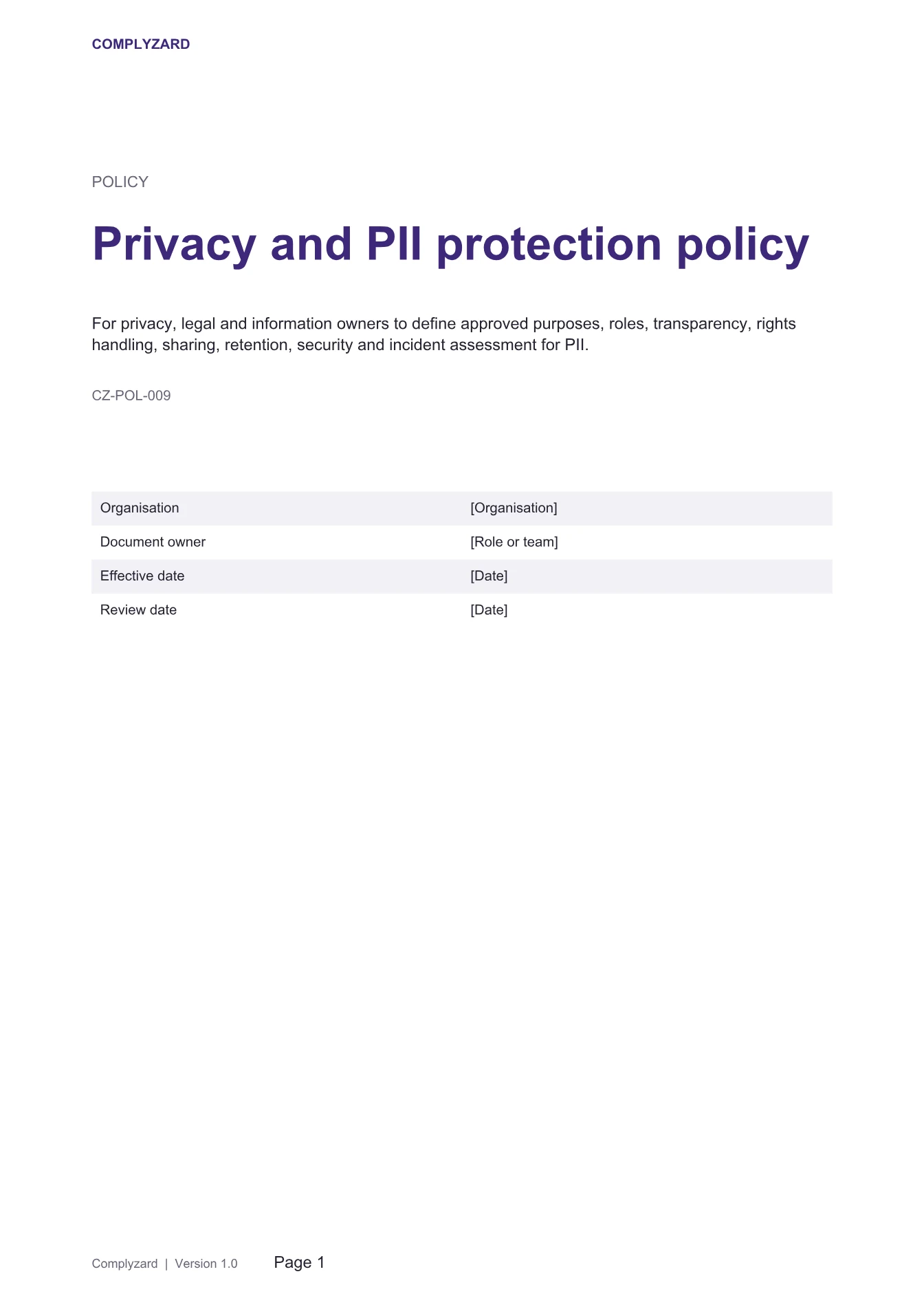 Cover of Privacy and PII protection policy