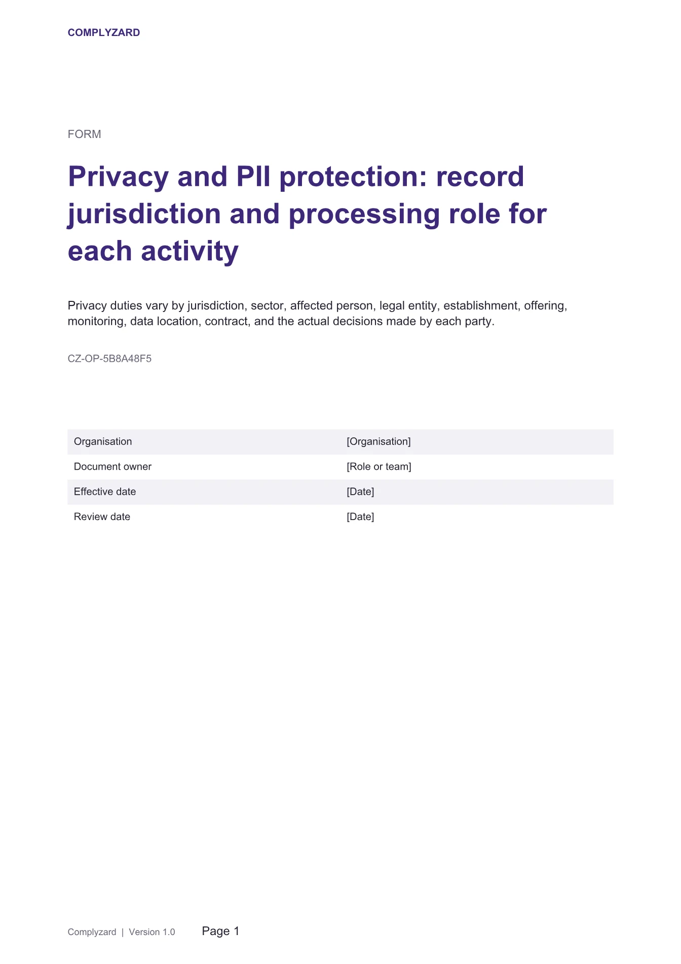 Cover of Privacy and PII protection: record jurisdiction and processing role for each activity