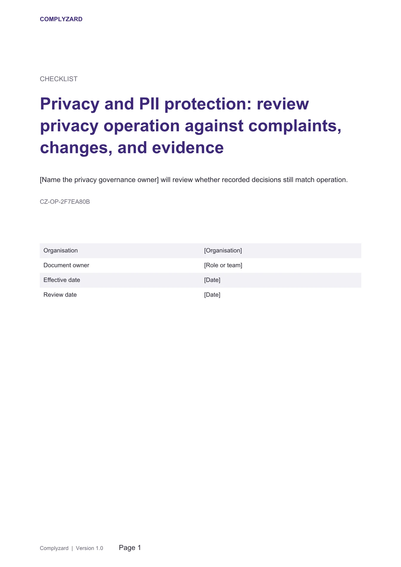 Cover of Privacy and PII protection: review privacy operation against complaints, changes, and evidence