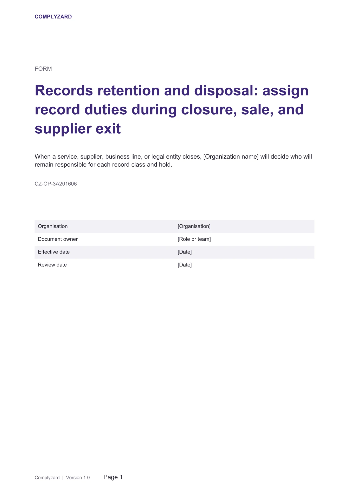 Cover of Records retention and disposal: assign record duties during closure, sale, and supplier exit