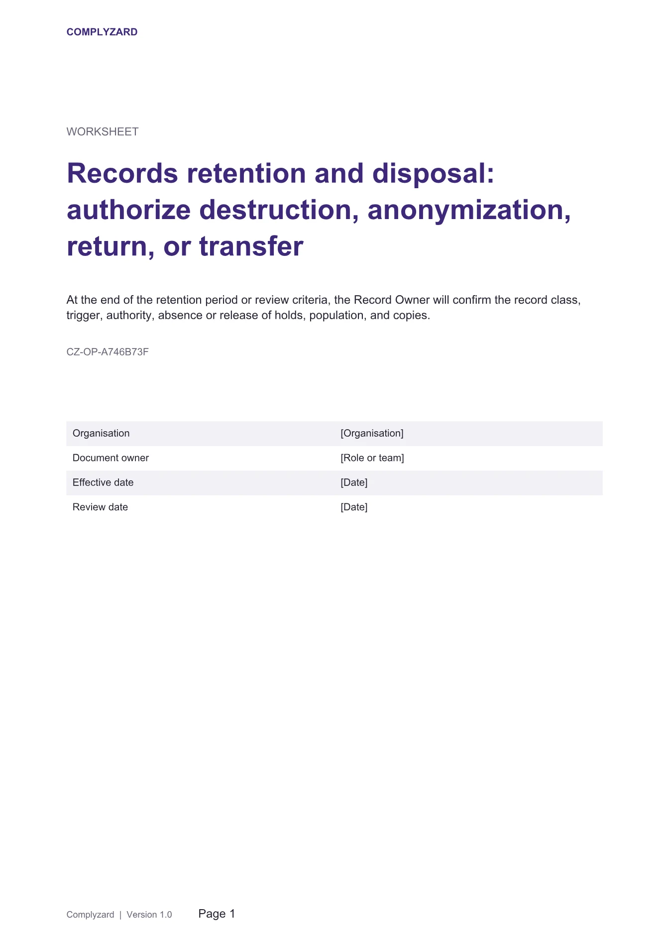 Cover of Records retention and disposal: authorize destruction, anonymization, return, or transfer