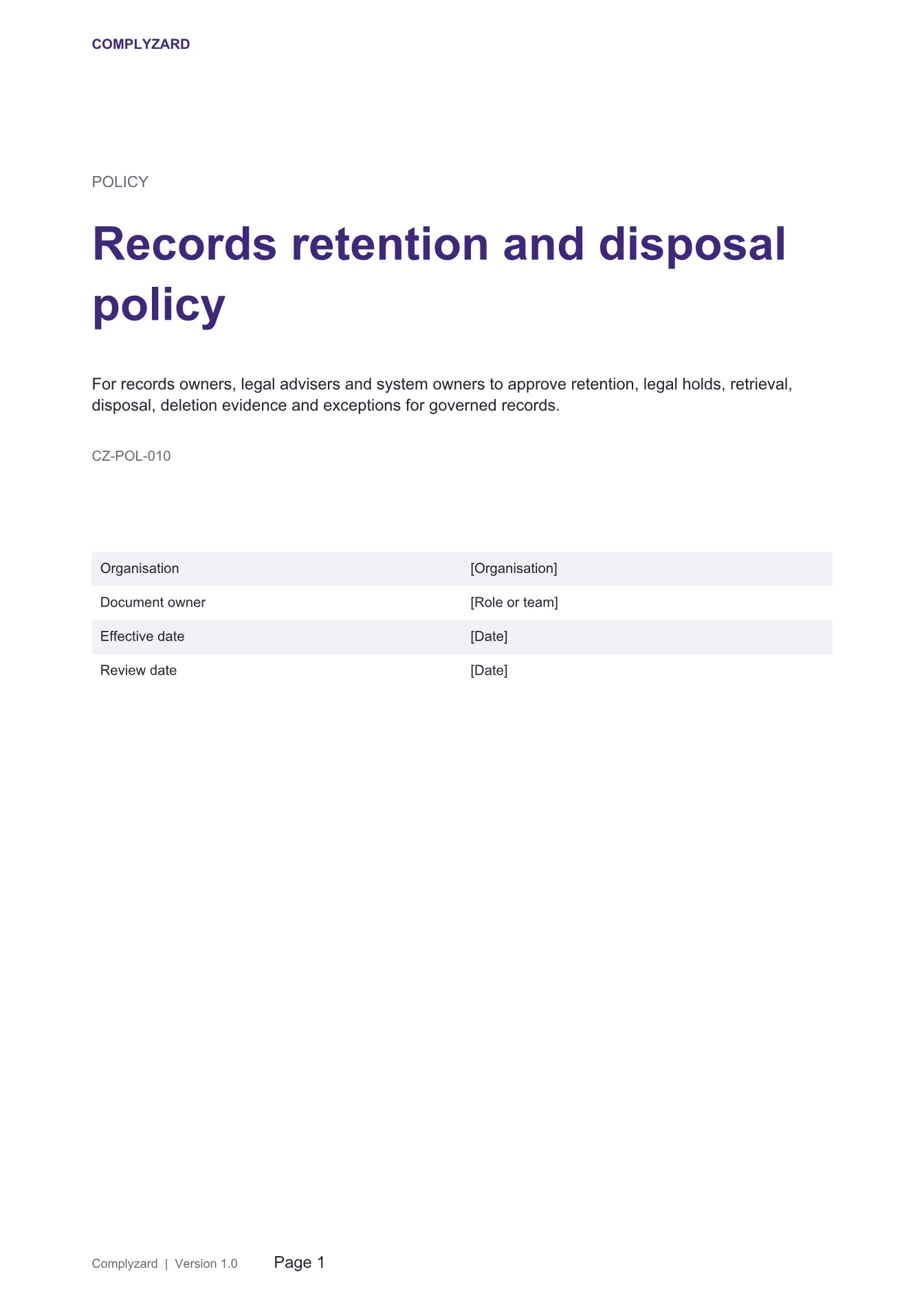 Cover of Records retention and disposal policy