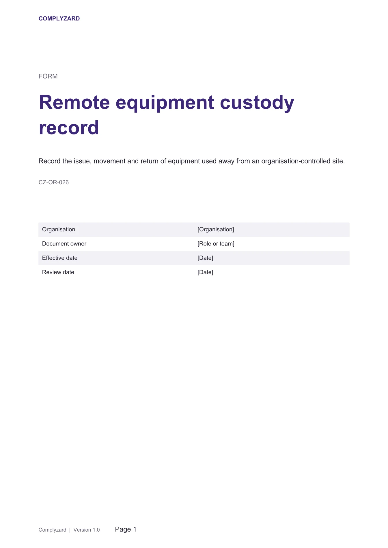 Cover of Remote equipment custody record