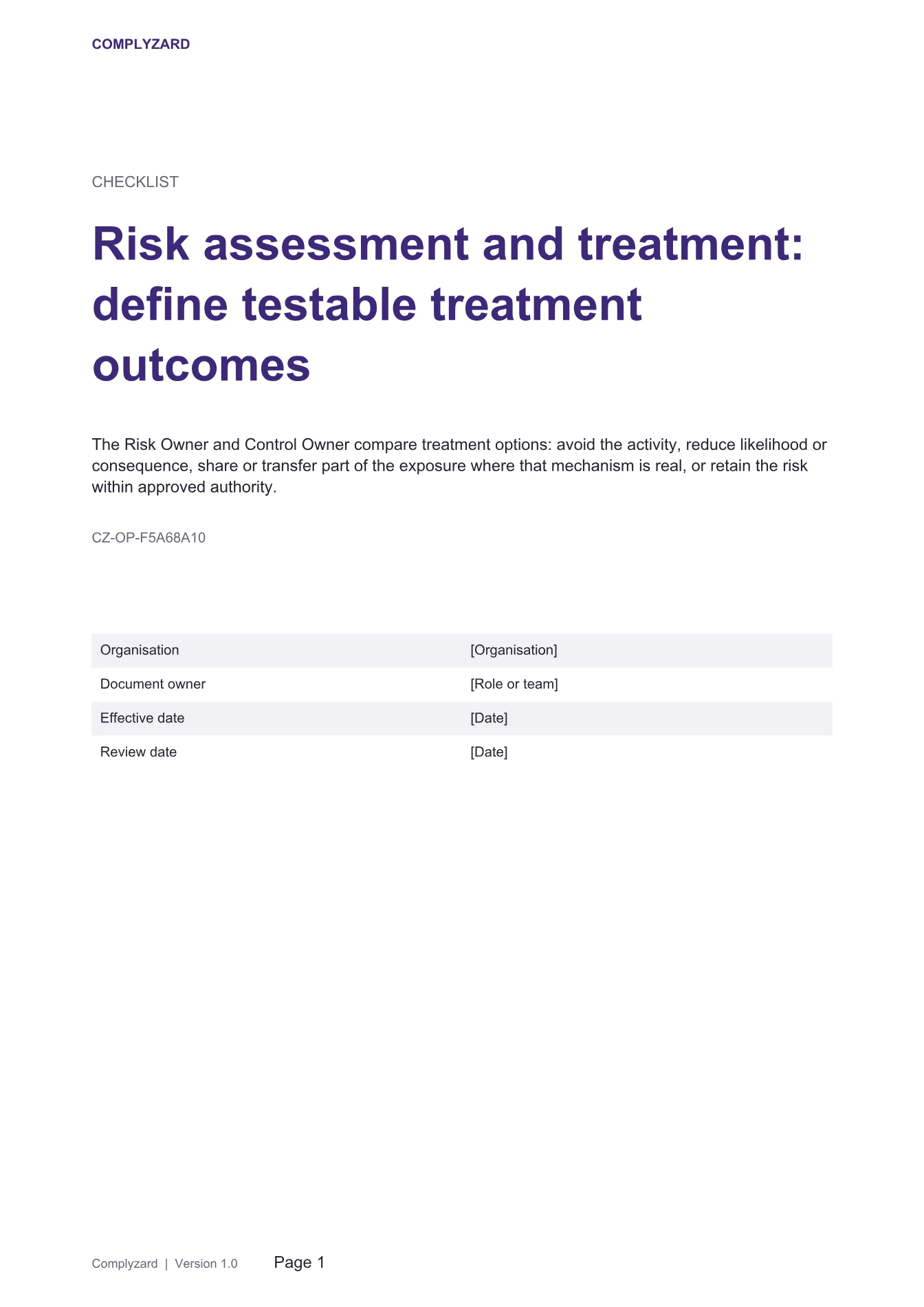 Cover of Risk assessment and treatment: define testable treatment outcomes