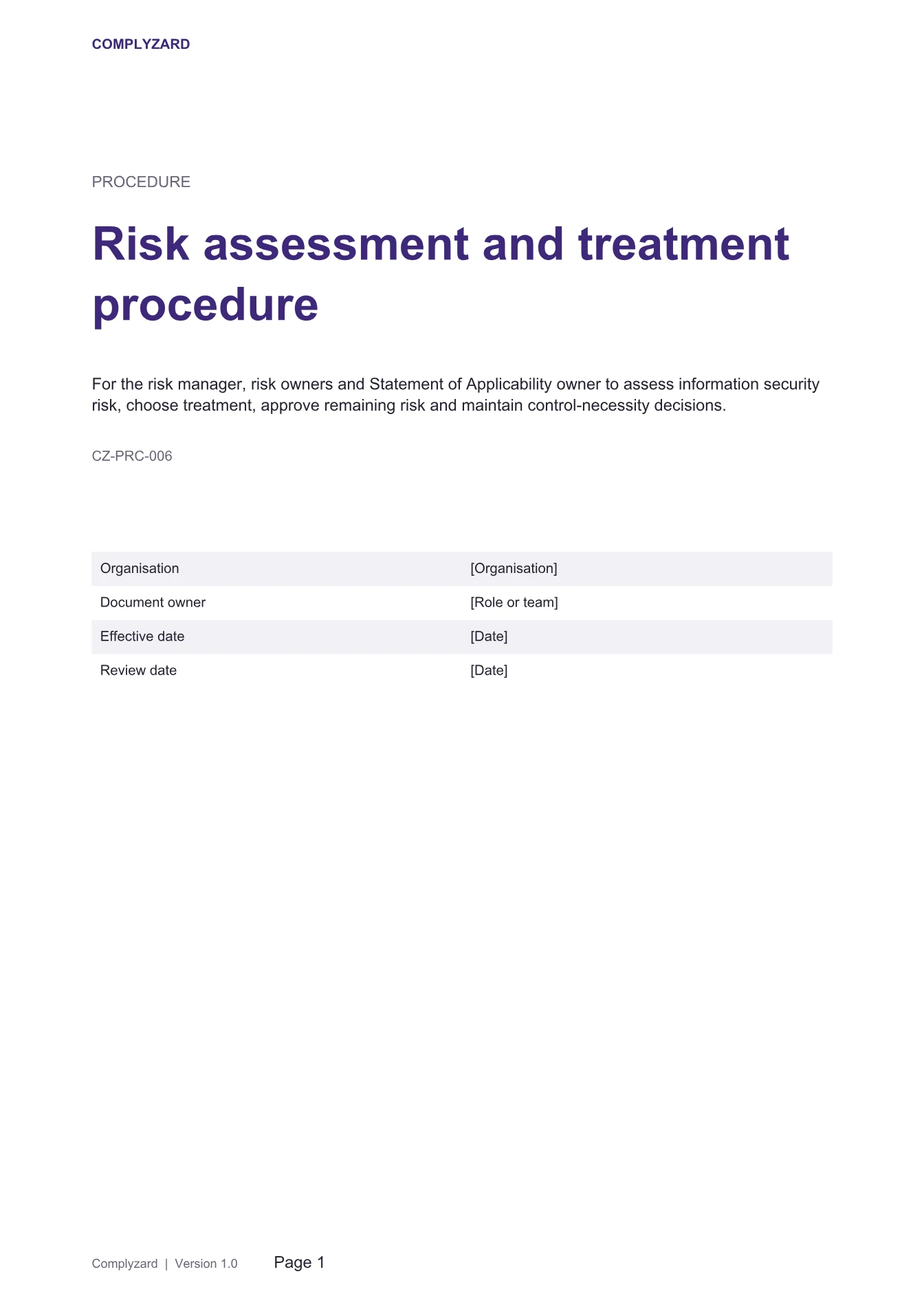 Cover of Risk assessment and treatment procedure