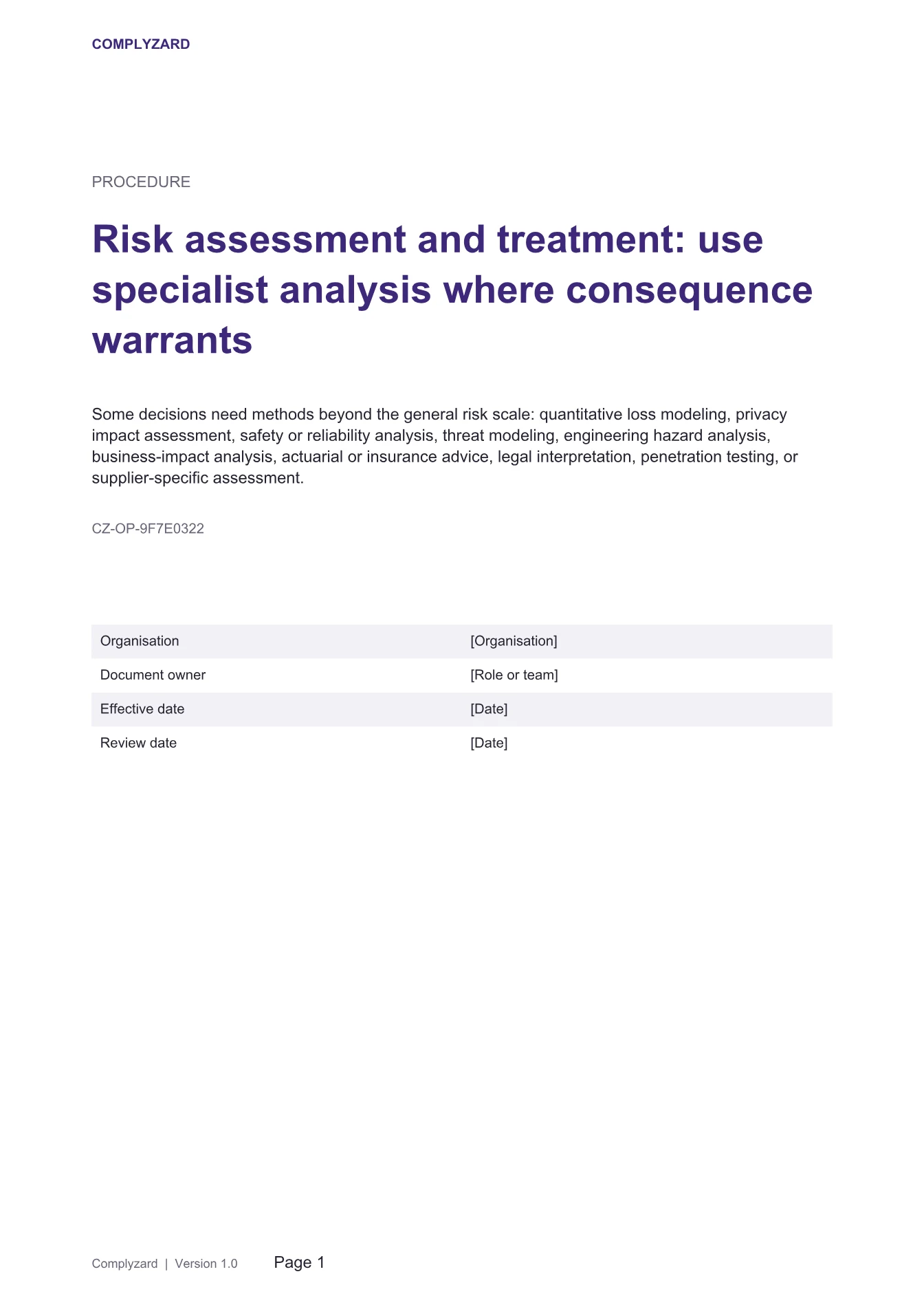Cover of Risk assessment and treatment: use specialist analysis where consequence warrants