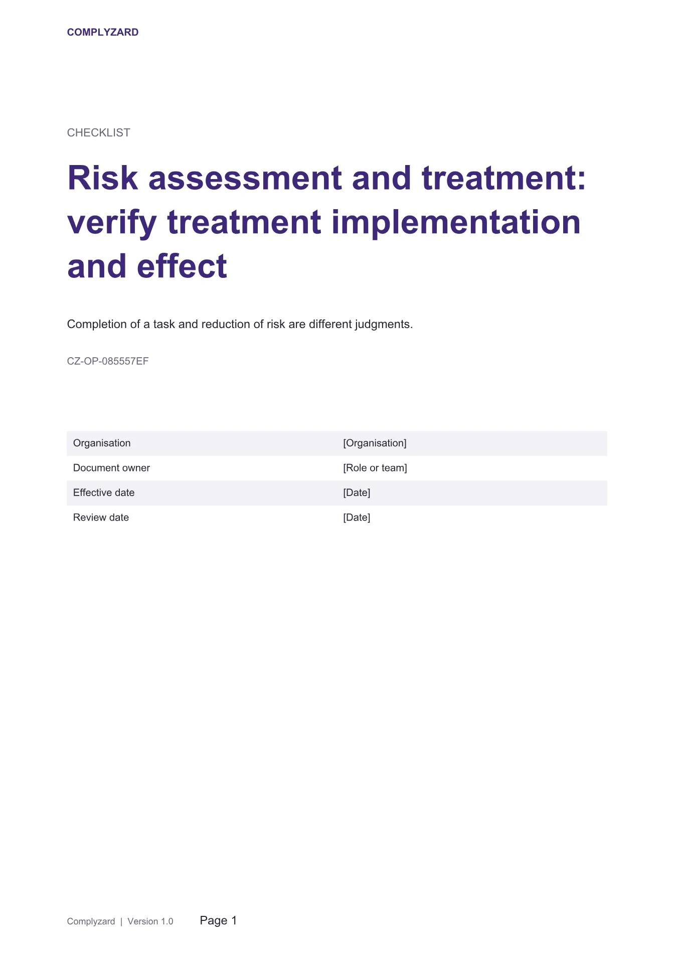 Cover of Risk assessment and treatment: verify treatment implementation and effect