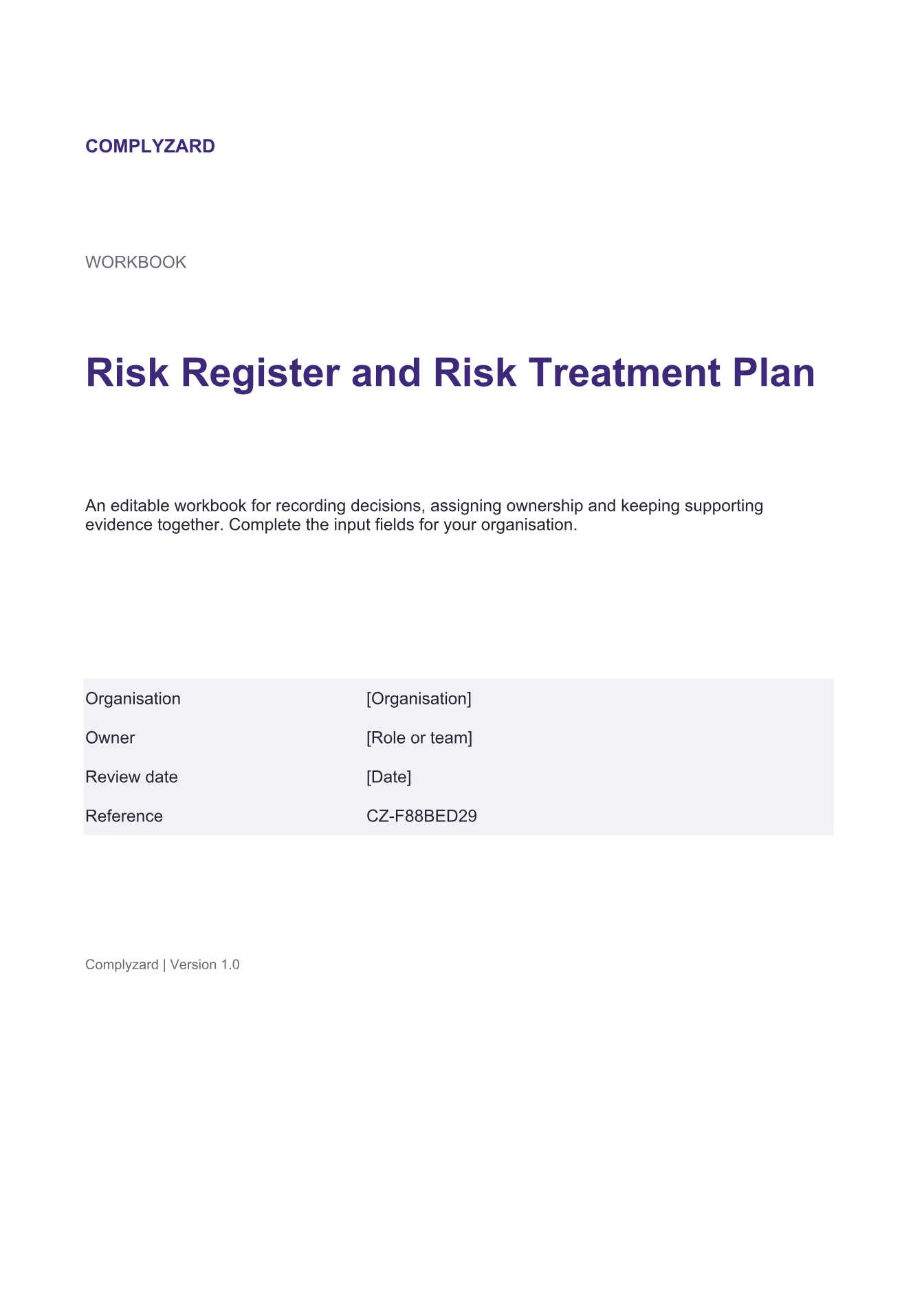 Cover of Risk Register and Risk Treatment Plan
