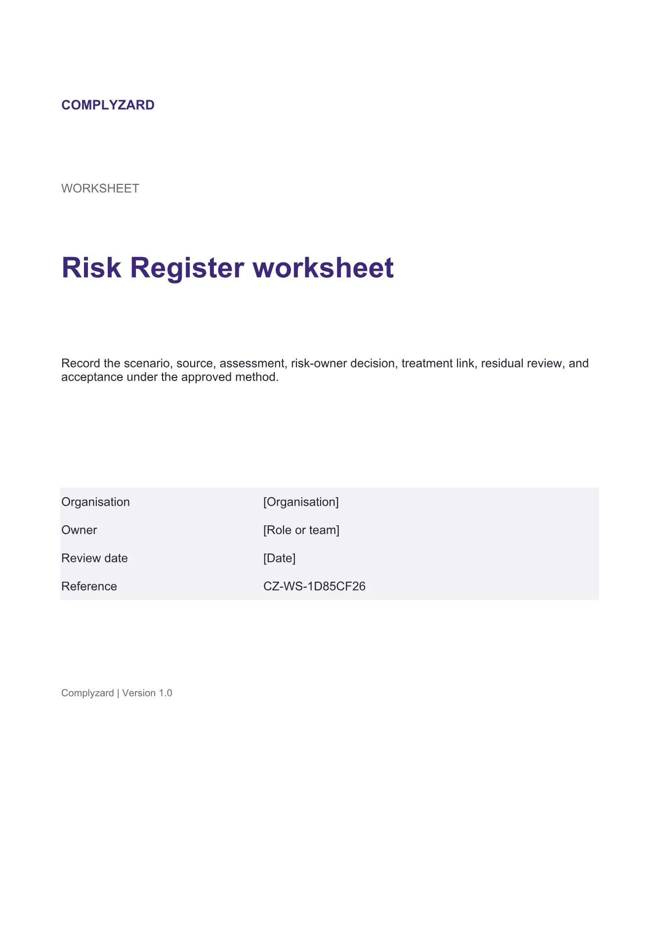 Cover of Risk Register worksheet