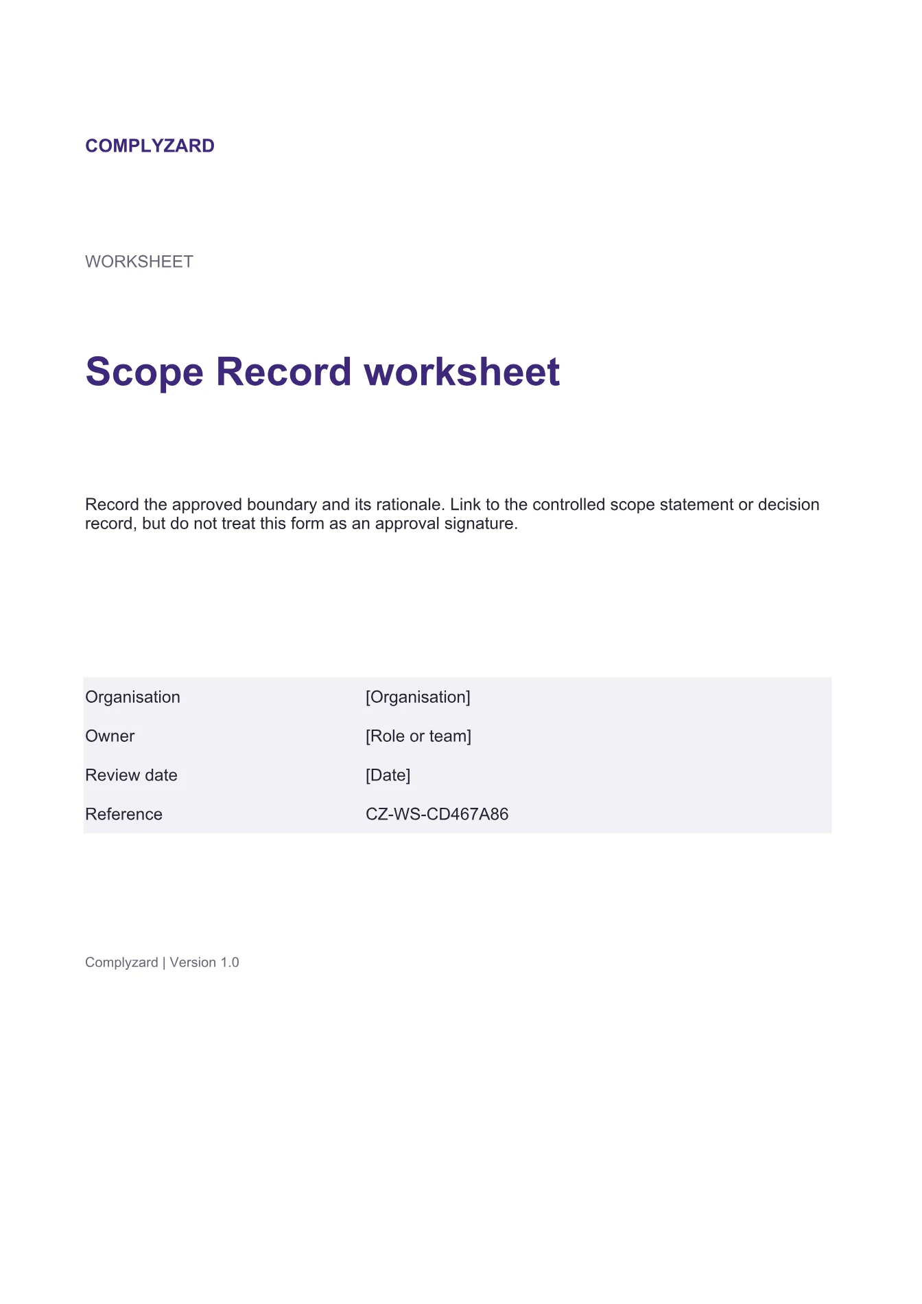 Cover of Scope Record worksheet
